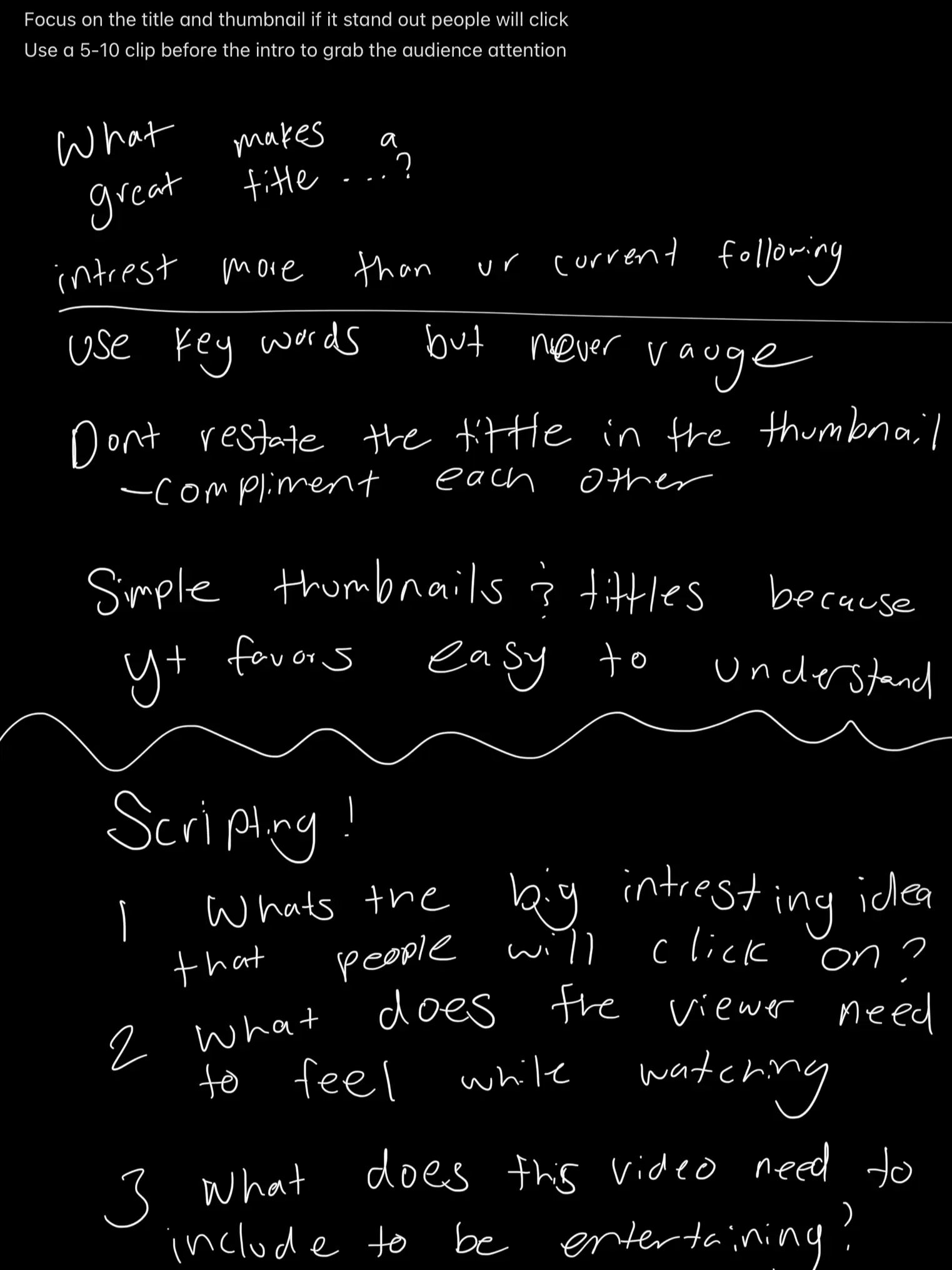  A handwritten list of ideas for a video that is entertaining.
