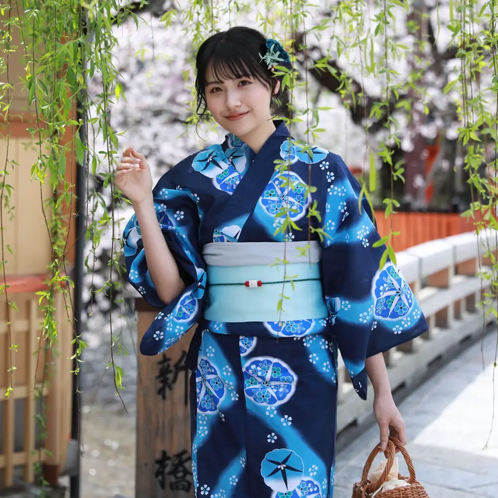 浴衣☆ブルー 青 仕分ける 朝顔 なでしこ 花柄 大柄 夏 和服 着物
