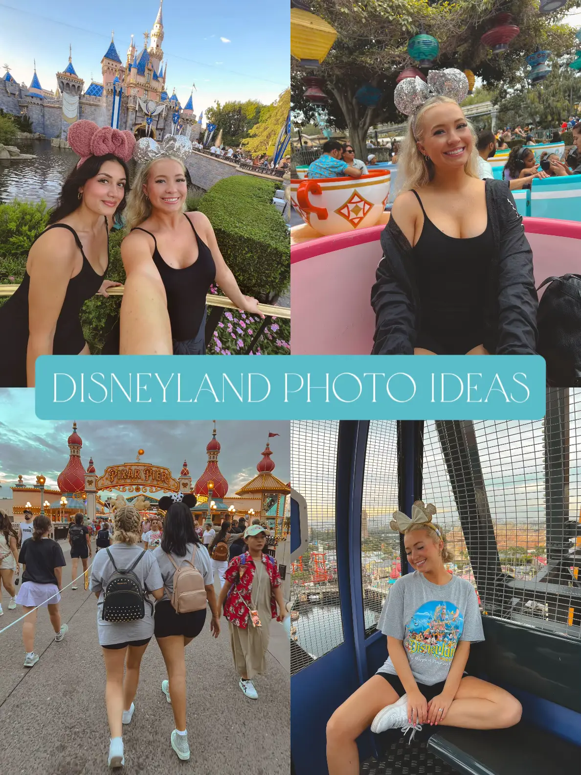  A collage of photos of people at Disneyland.