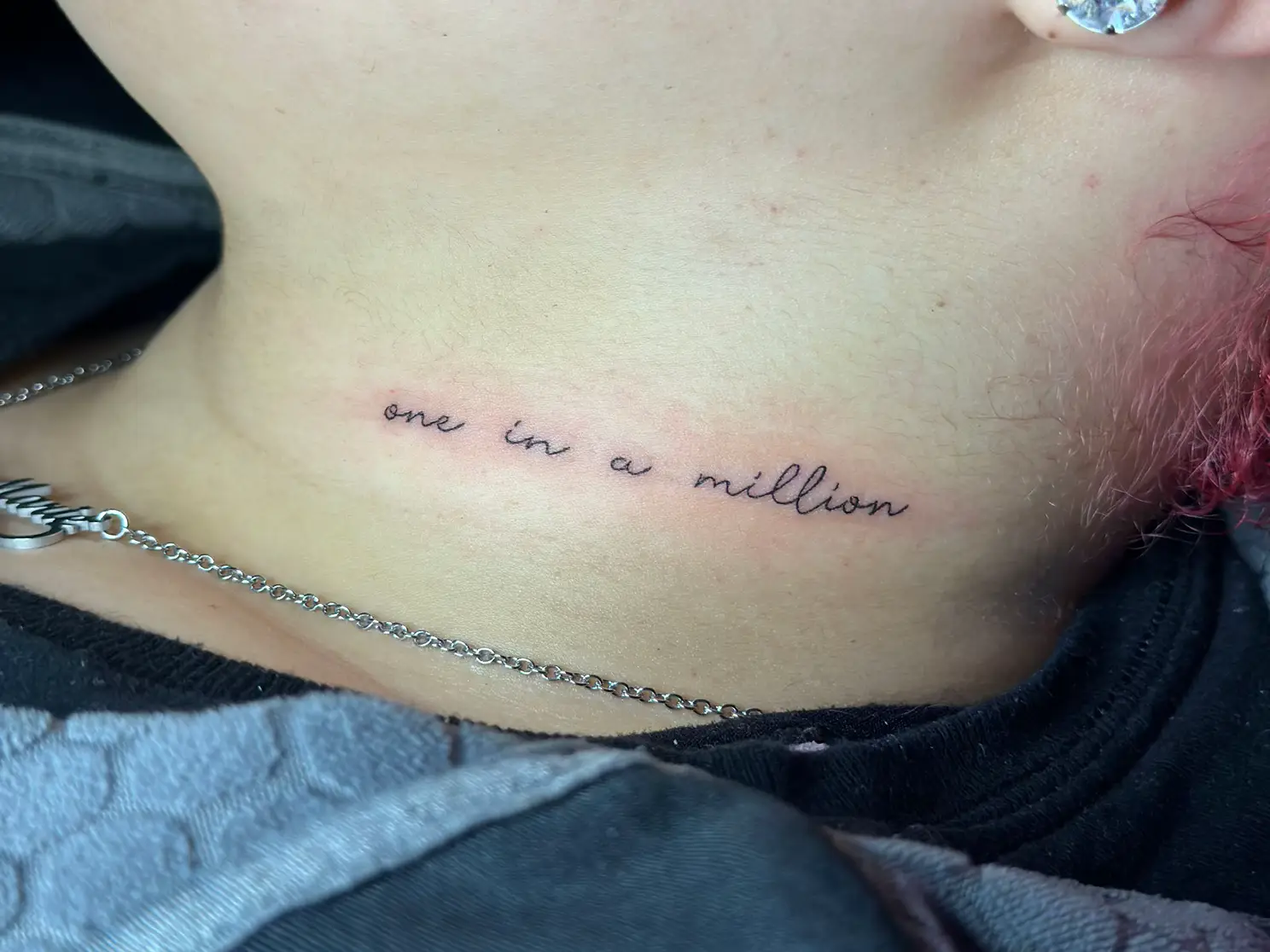 “one in a million” cursive neck tattoo Gallery posted by