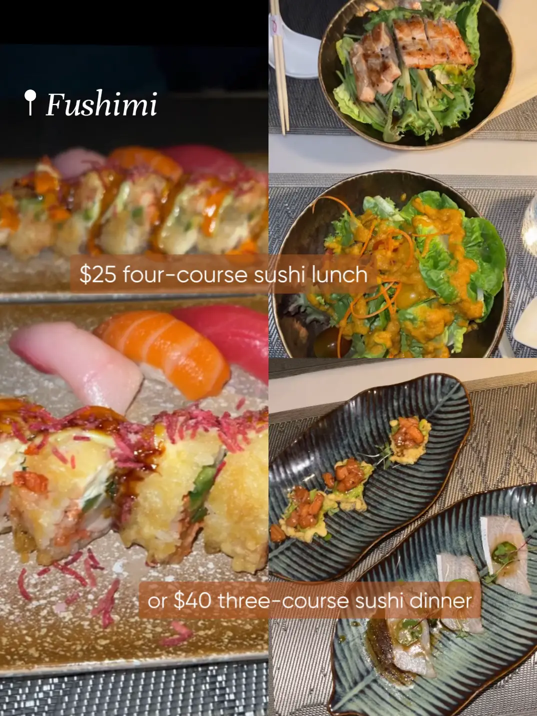  A collage of sushi pictures with the words "Fushimi" and the price of the meal.