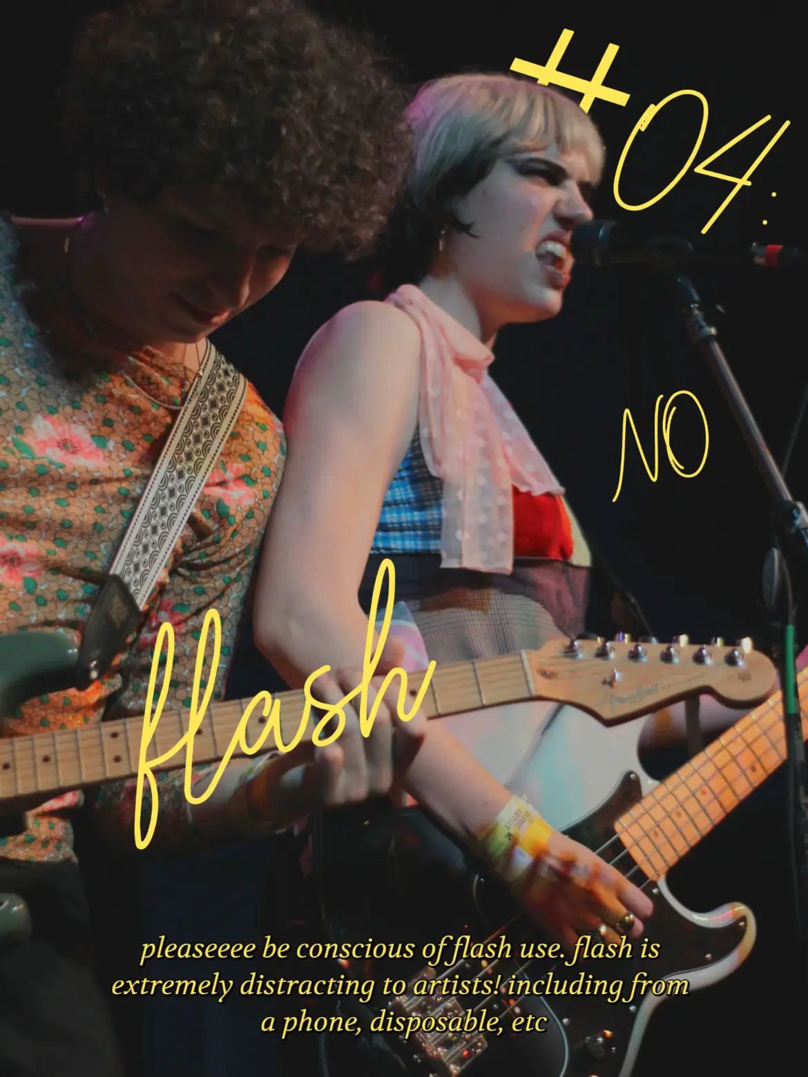  Two people are playing guitars in a band.