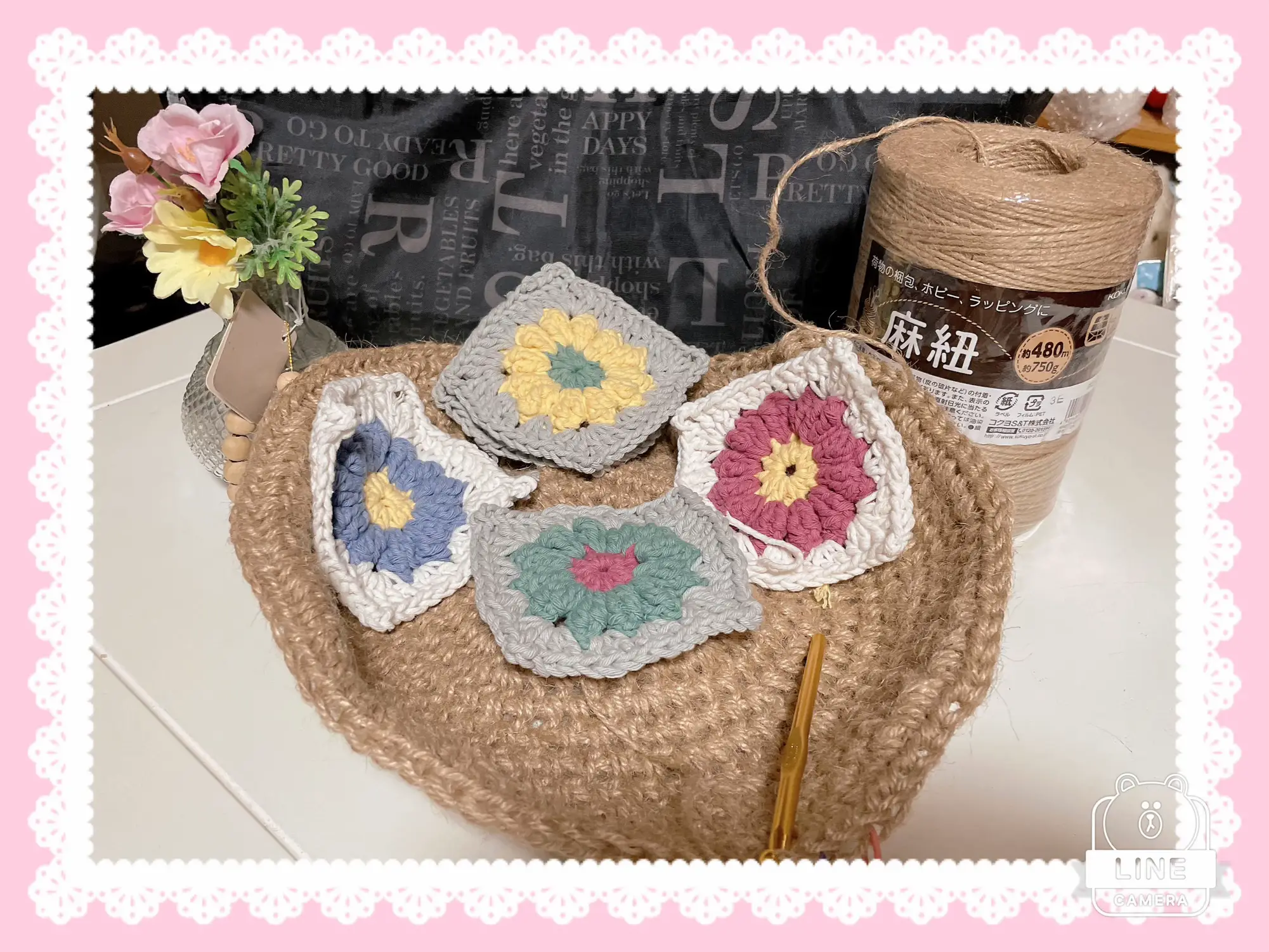 麻紐お花モチーフのバッグ 途中経過 | ＊えりねこ＊が投稿したフォト  