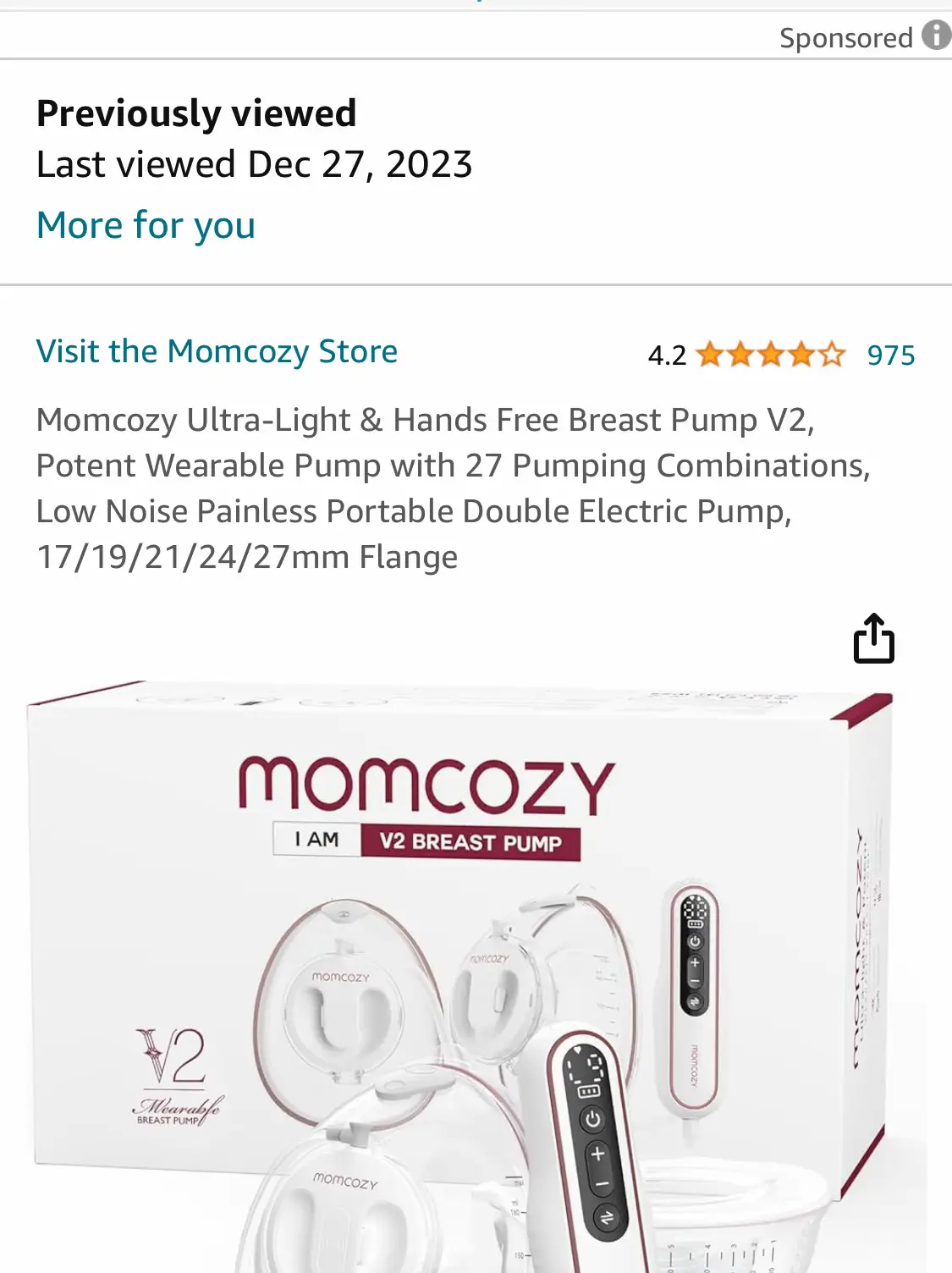 Momcozy Ultra-Light & Hands Free Breast Pump V2, Potent Wearable Pump with  27 Pumping Combinations, Low Noise Painless Portable Double Electric Pump