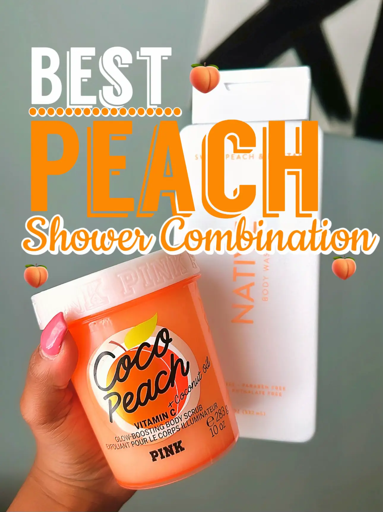  A person is holding a bottle of Cocoa Peach Shower Combination.