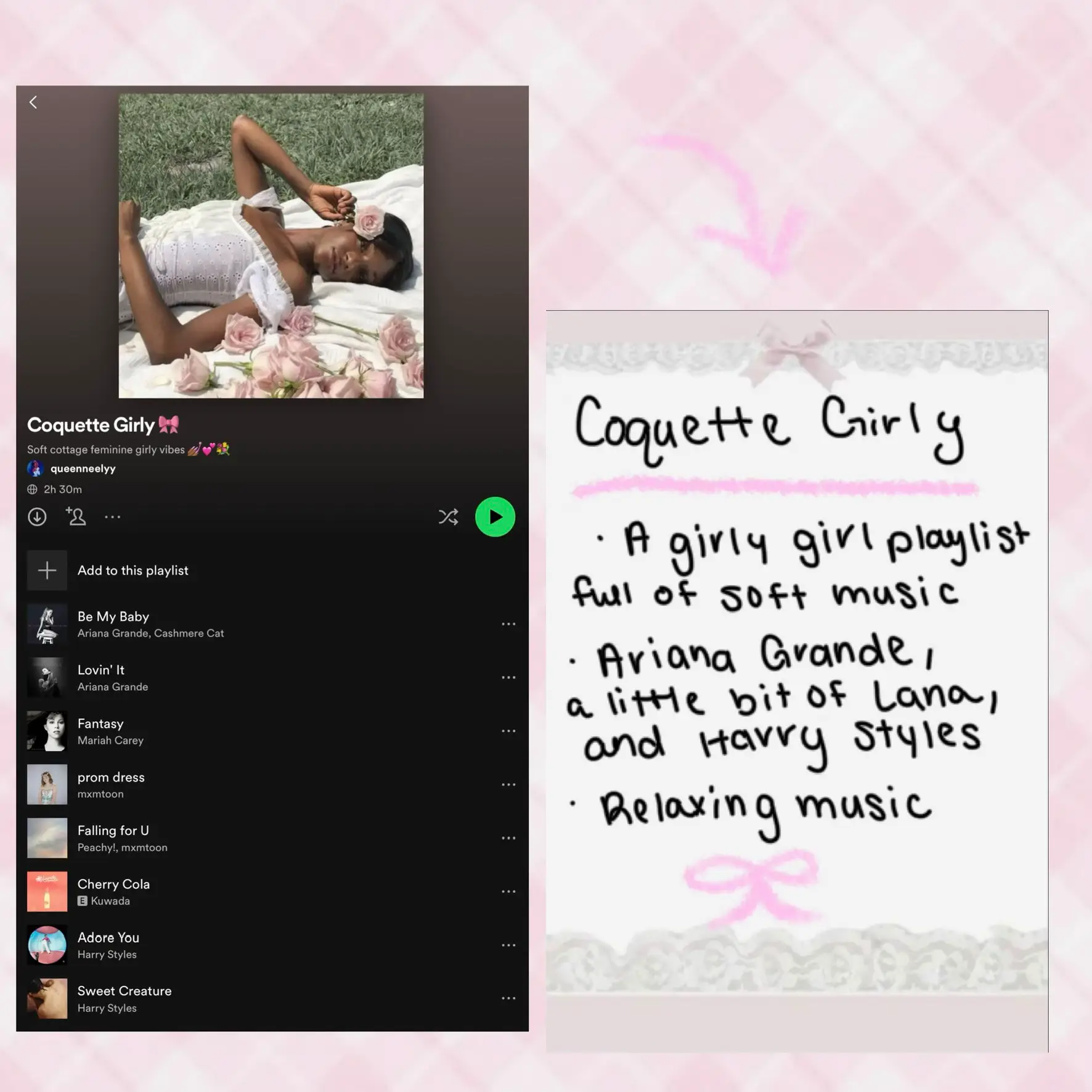  A woman is laying on a bed with a playlist of music playing on a tablet. The playlist includes Ariana Grande, Cashmere Cat, and Harry Styles.