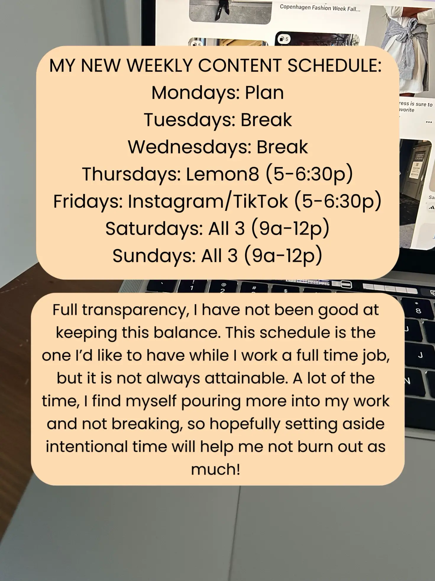  A weekly content schedule for a person working from home.