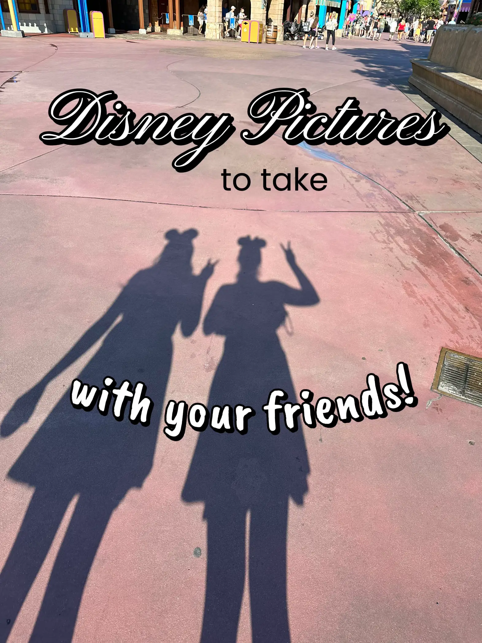  Three people are standing in front of a building, and their shadows are cast on the ground. The shadows are labeled with the words "Doney Pictures" and "to take with your friends!"