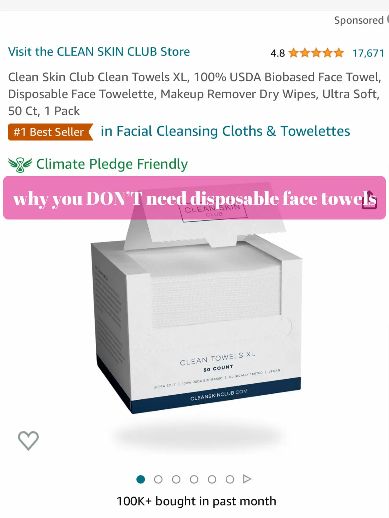 Clean Skin Club XL Disposable Face Towels, 100% Biobased,  Dermatologist-Approved, Ultra Soft Makeup Remover Wipes, 300 ct, 6 pack