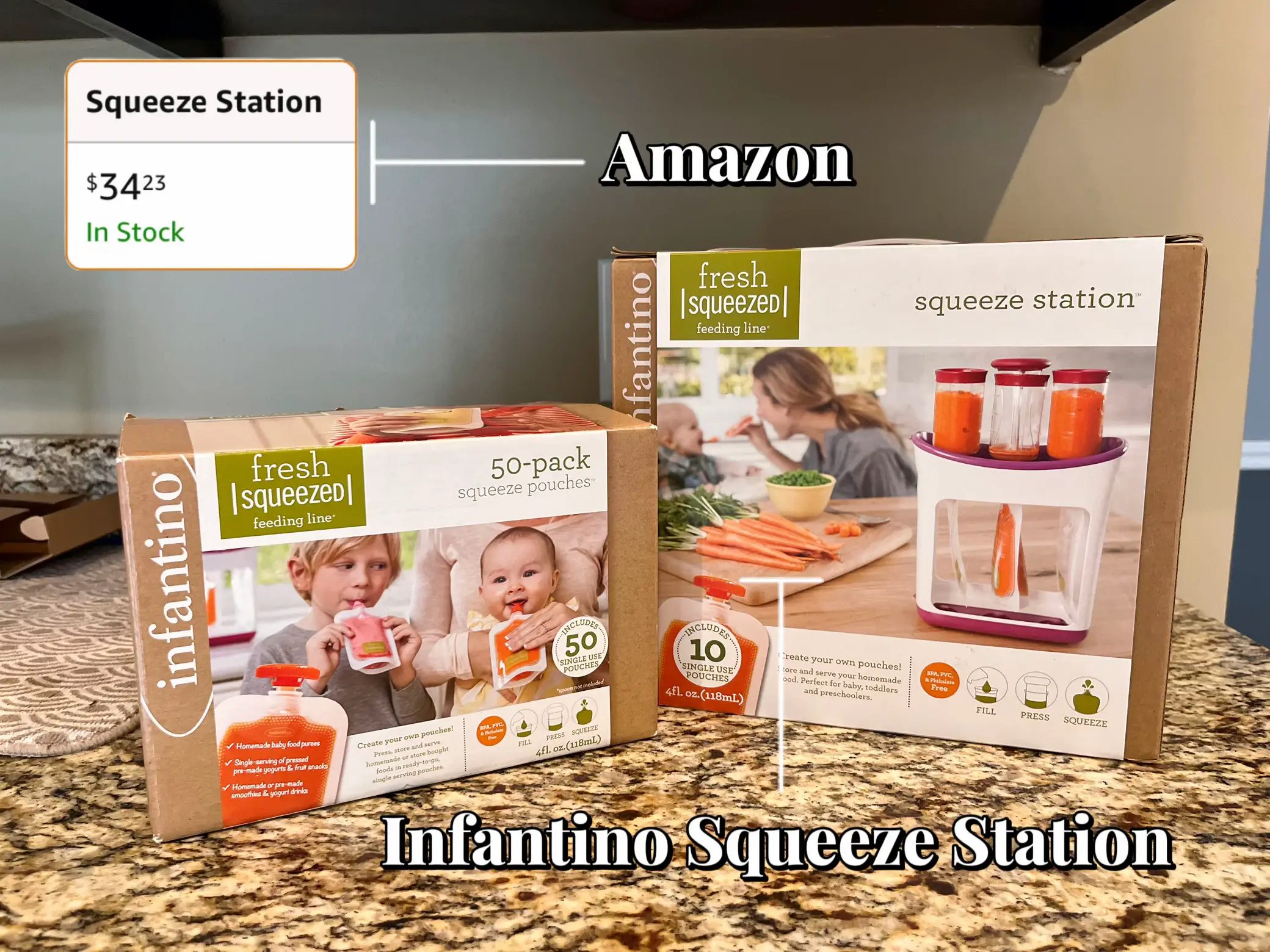  A box of infantino squeeze station and a box of baby