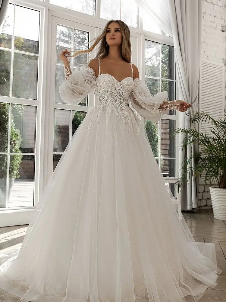 Separated Short Sleeve Champagne Lace Tulle Bridal Gown - VQ