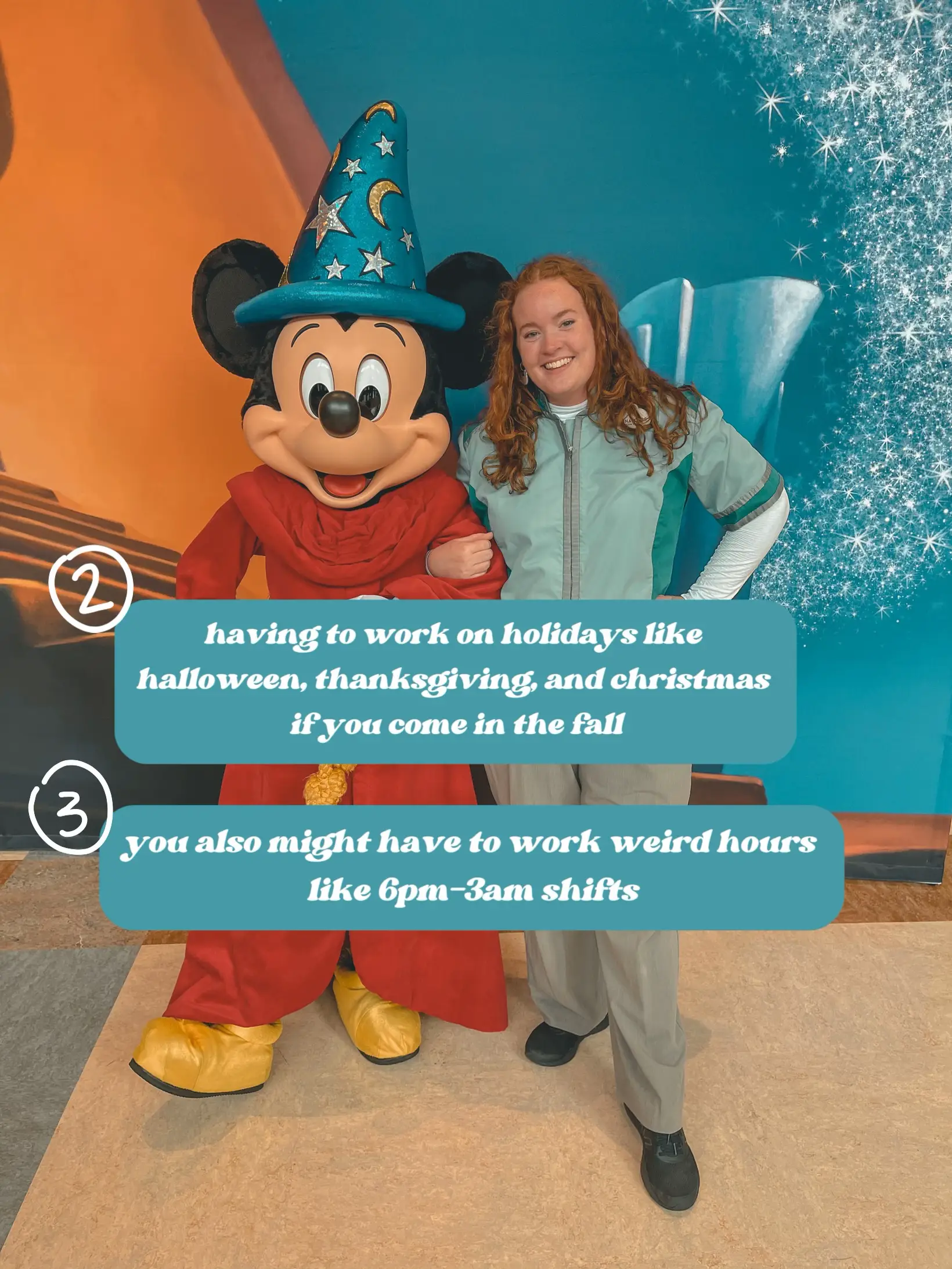  A woman is standing in front of a Mickey Mouse