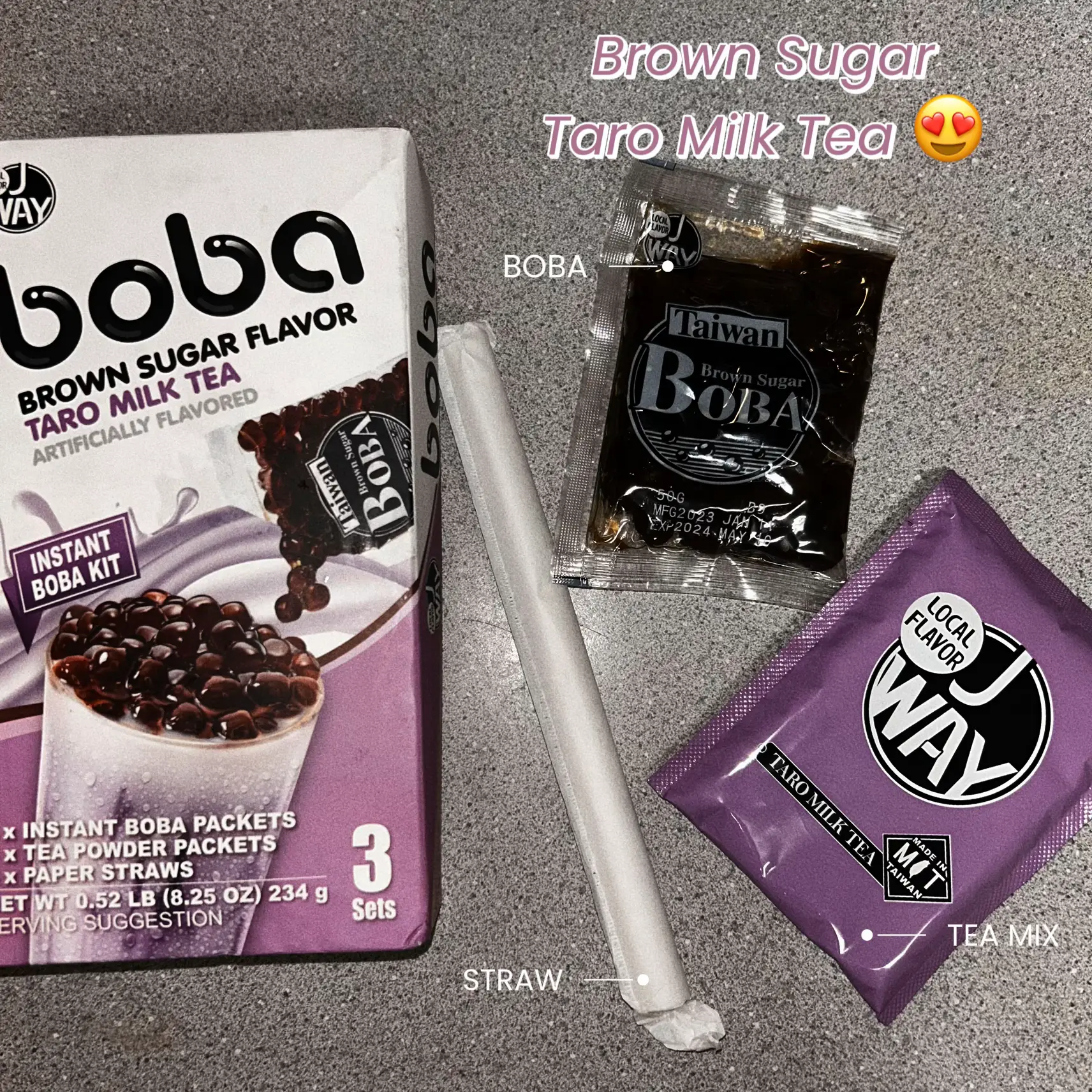 J Way Instant Boba Taro Milk Tea Set, Taro Bubble Tea Kit, 3 Drinks
