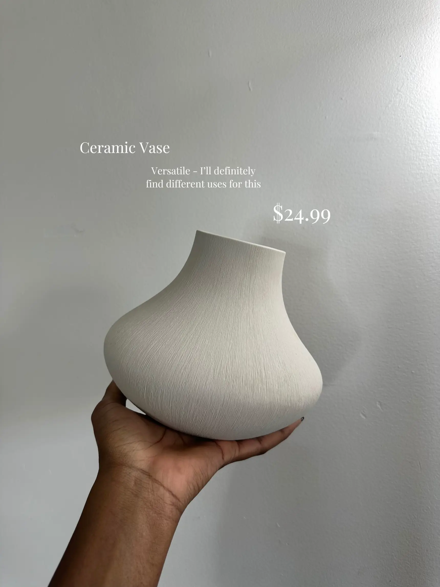  A hand holding a white ceramic vase.
