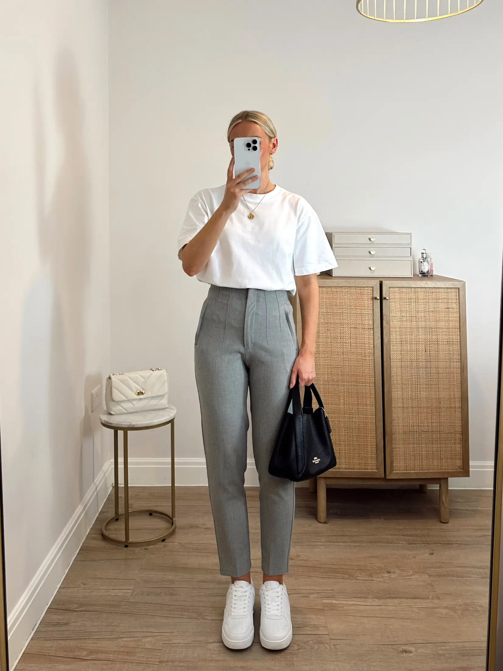 Gray pants with off white blouse