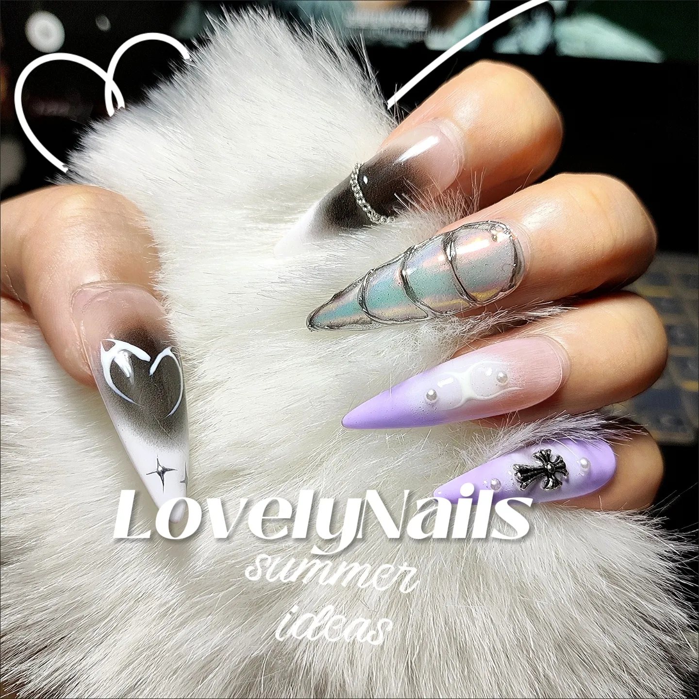 Rainbow Girl-Colorful vertical stripe Diamond long nails floral rhinestone outlet blue&green ombre Hand painted heart design cute y2k press on nail