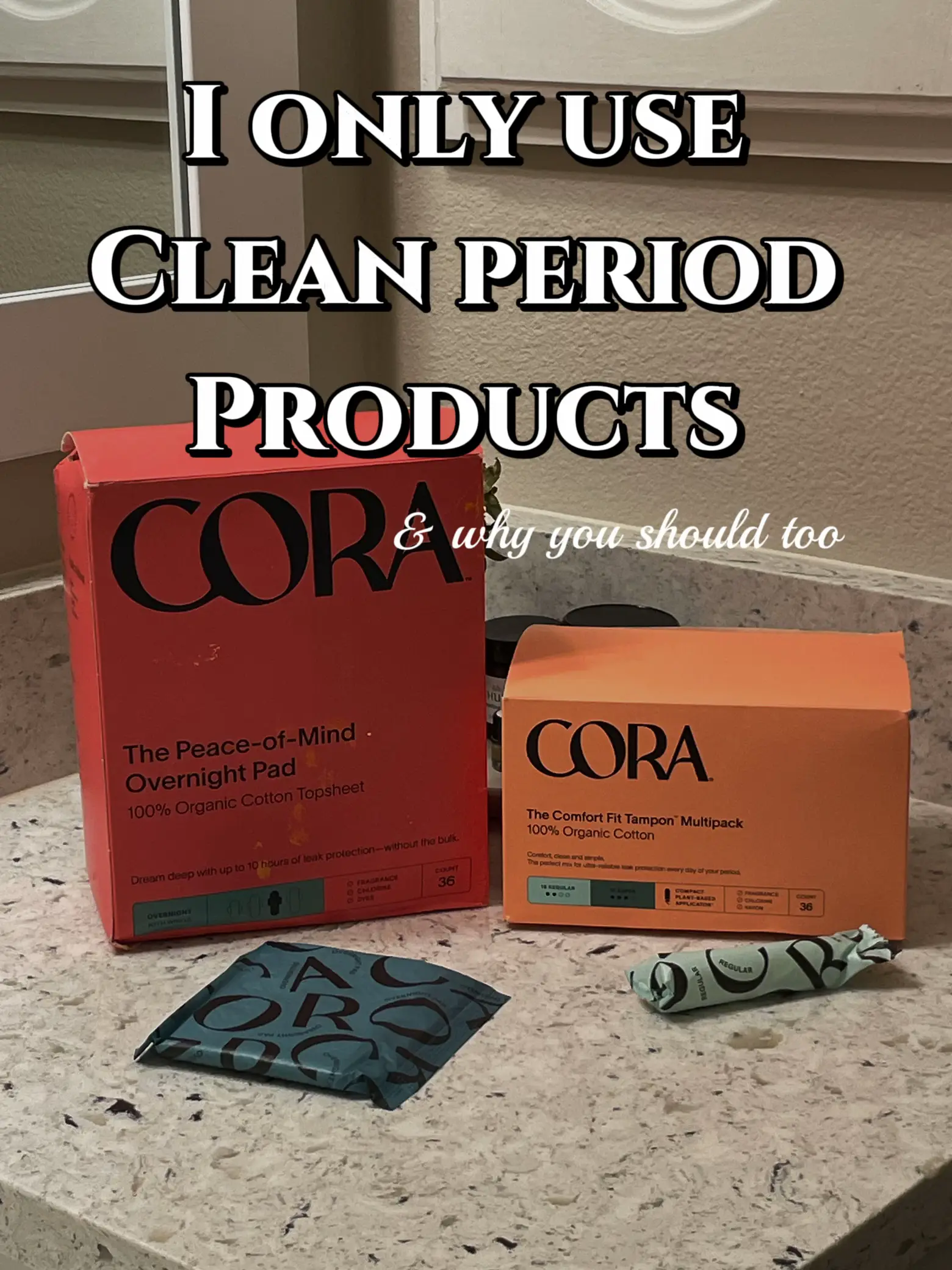  A blue box of Cora clean period products and a pink box of Cora clean period products.