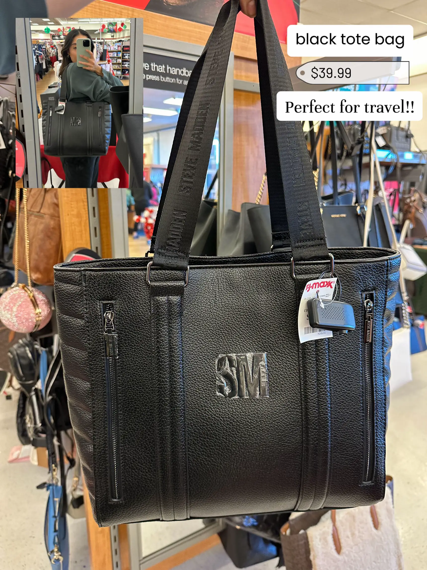  A black tote bag with a silver logo that says fij-maxx.