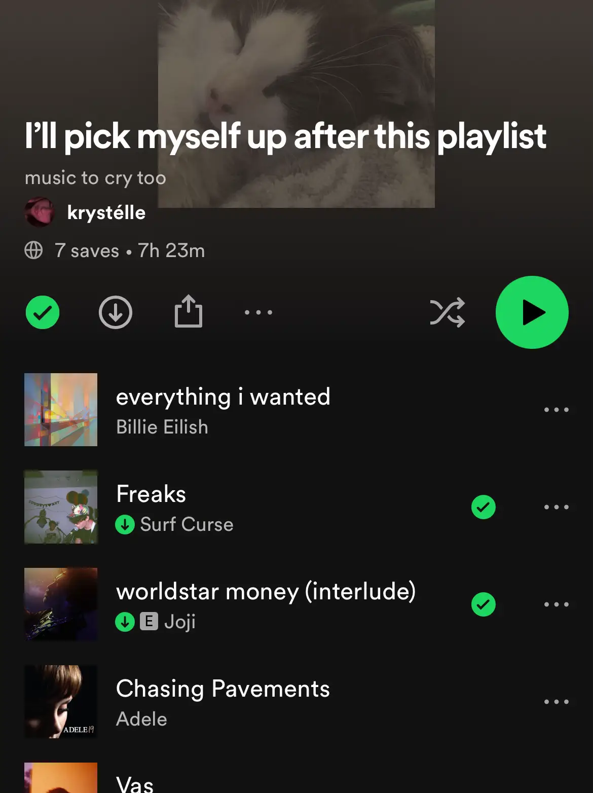  A playlist of music to cry to with the words "I'll pick myself up after this playlist" at the top.