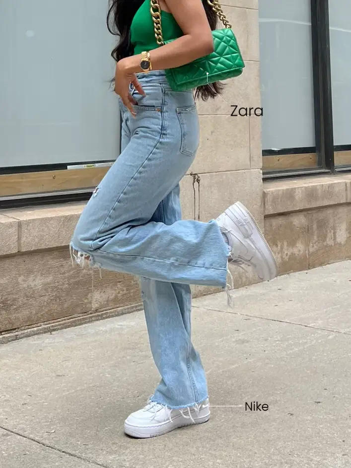 zara green jeans outfit
