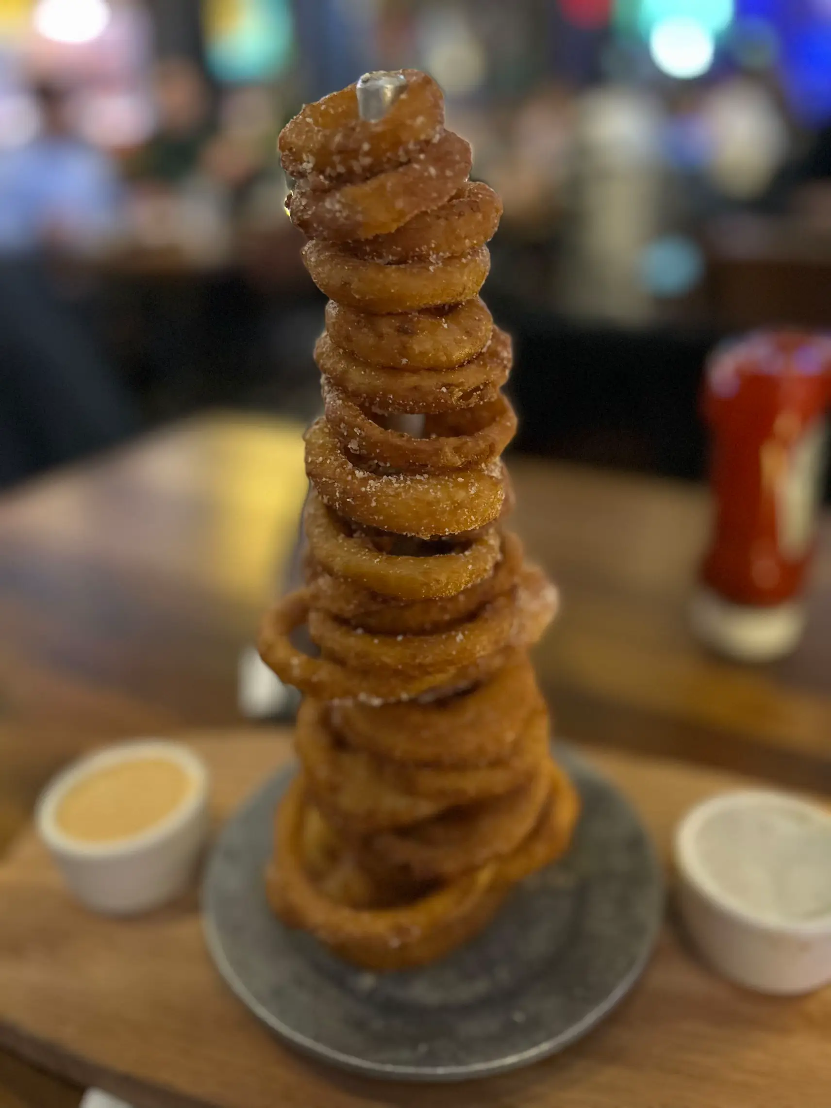  A stack of fried food on a table.