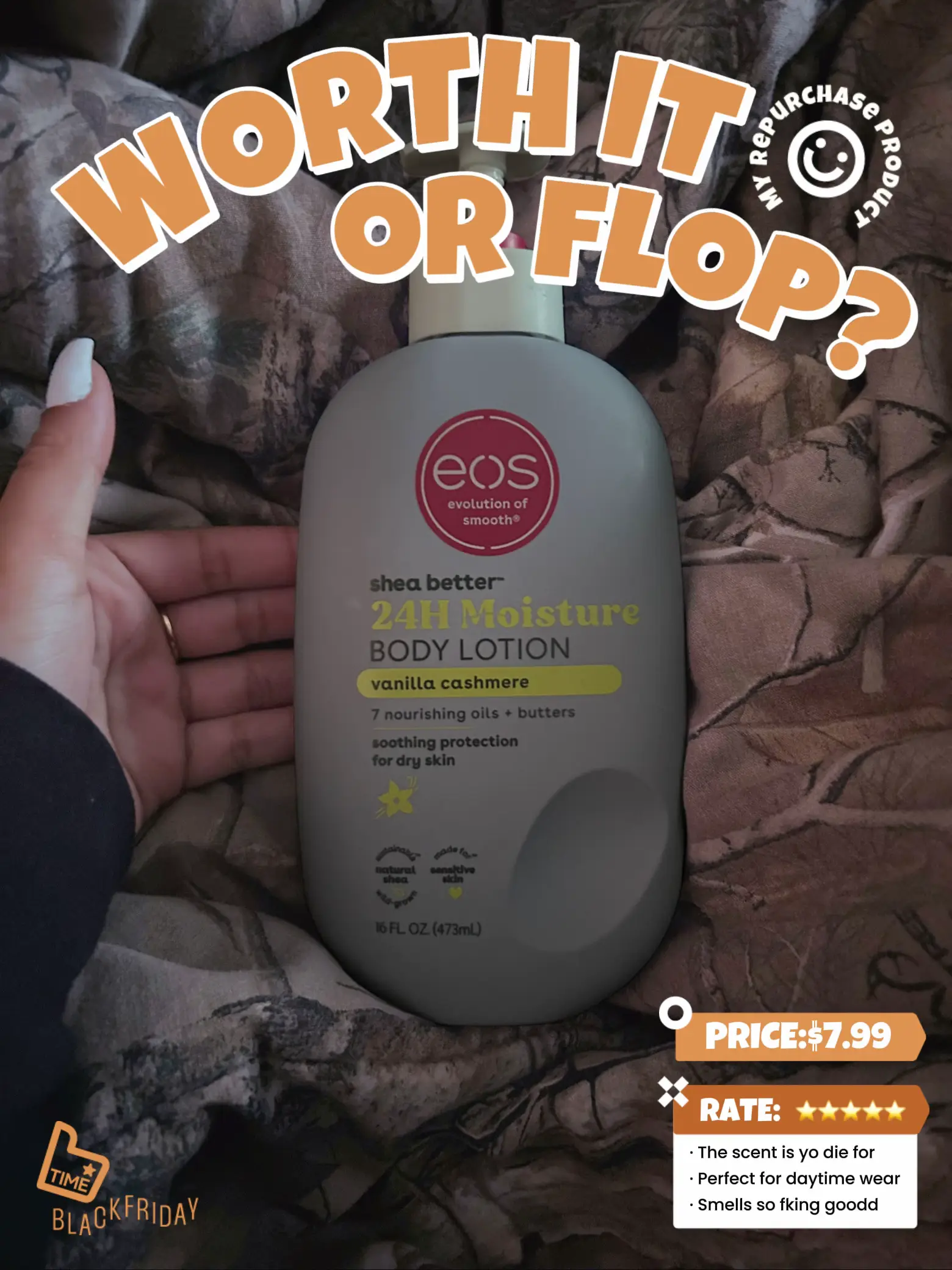  A bottle of body lotion with a price of $7.99.