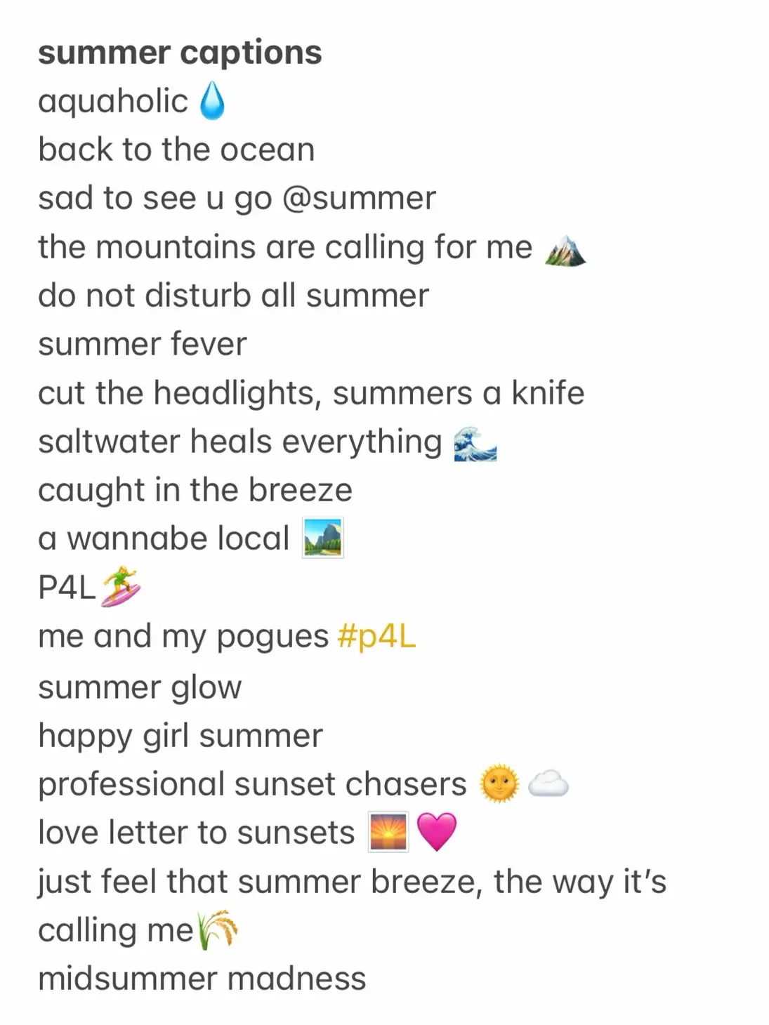  A list of summer captions with a picture of the ocean and a mountain.