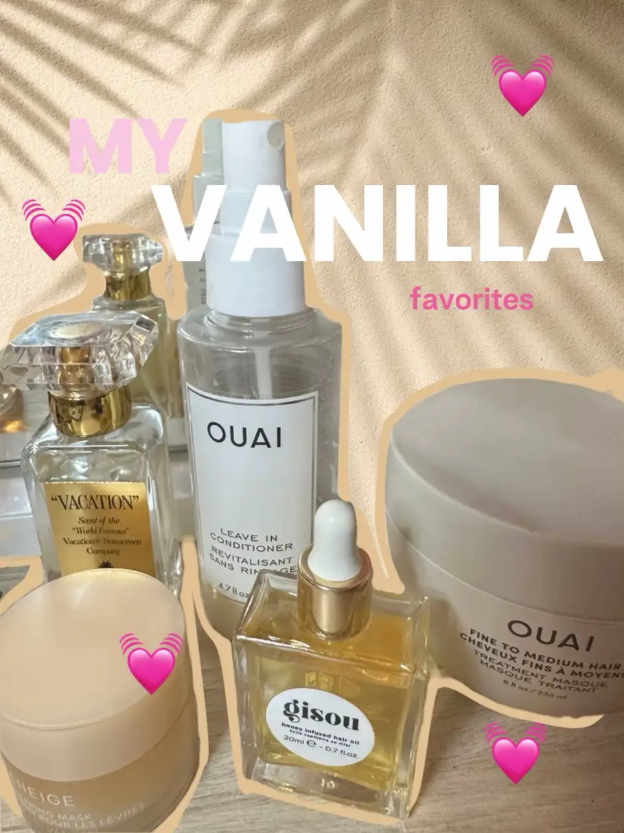  A collection of beauty products including a bottle of Vanilla.