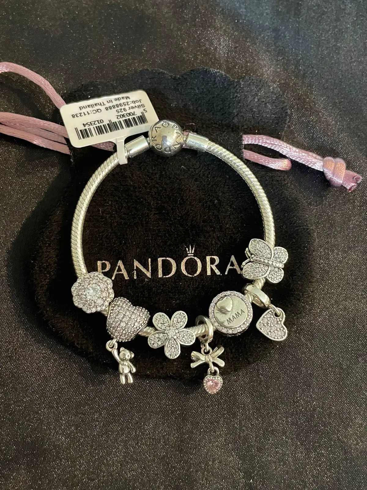Pandora Bracelet 7 charms 2 spacers Sweet 16 Dangle Charm Ruby letter V