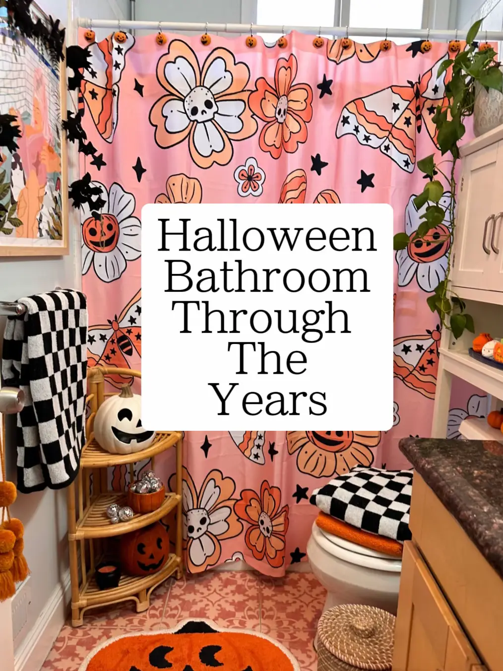  A bathroom with a checkered shower curtain and a toilet.