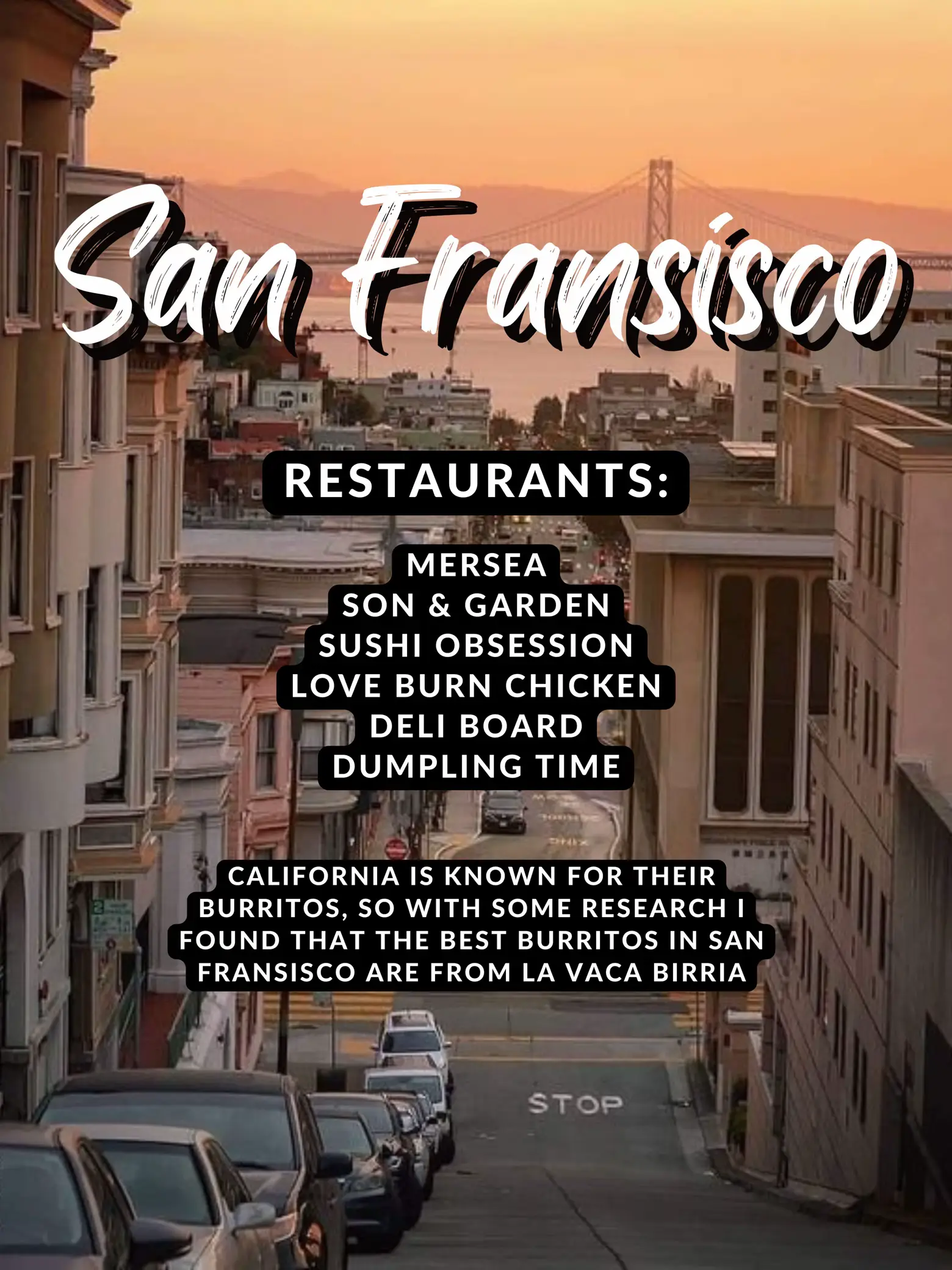  A list of restaurants in San Francisco with descriptions