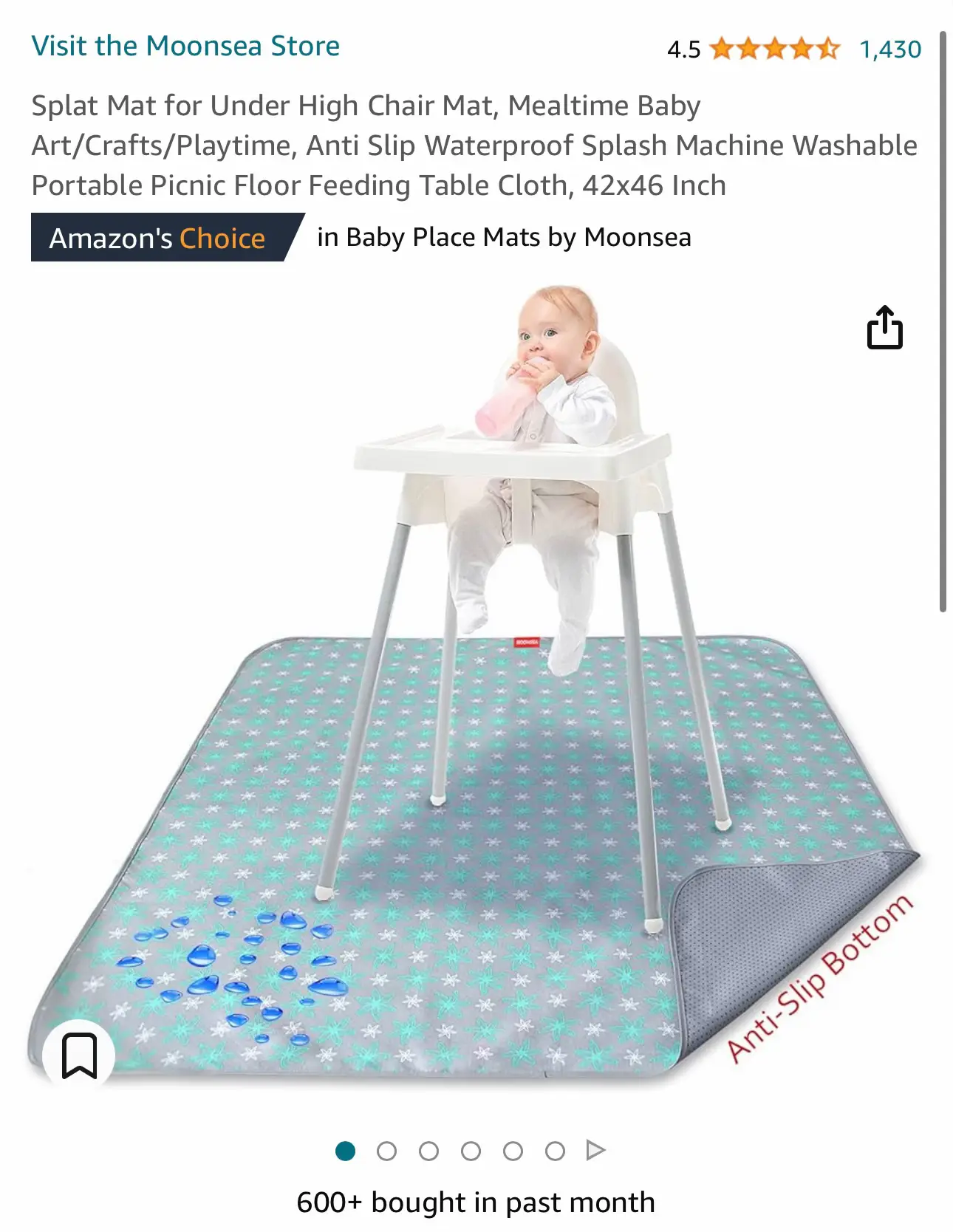 Splat Mat for Under High Chair Mat, Mealtime Baby Art/Crafts/Playtime, Anti  Slip Waterproof Splash Machine Washable Portable Picnic Floor Feeding