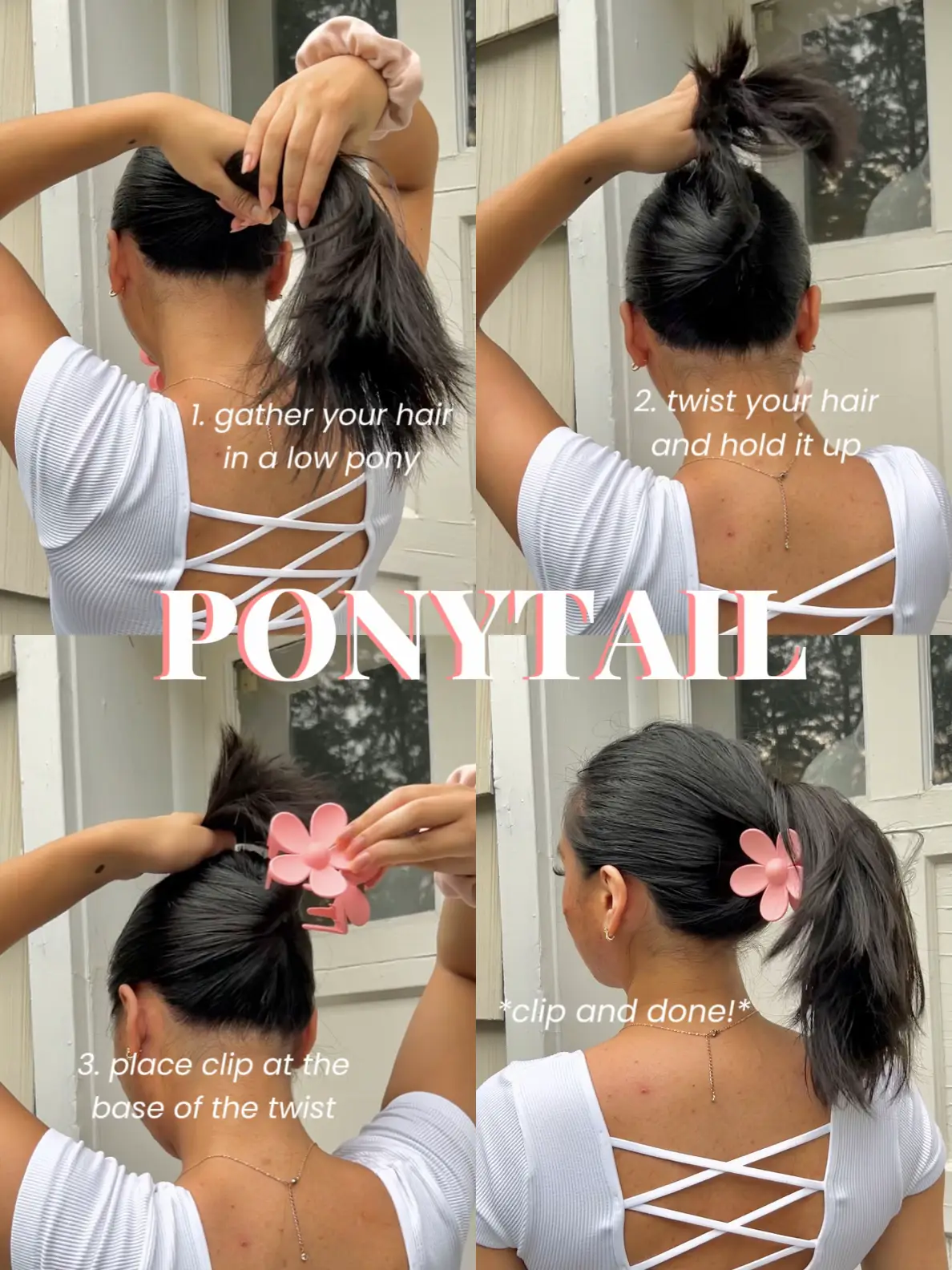 Flower Claw Clip Hairstyle 🌸🖤 Gather hair into a low ponytail