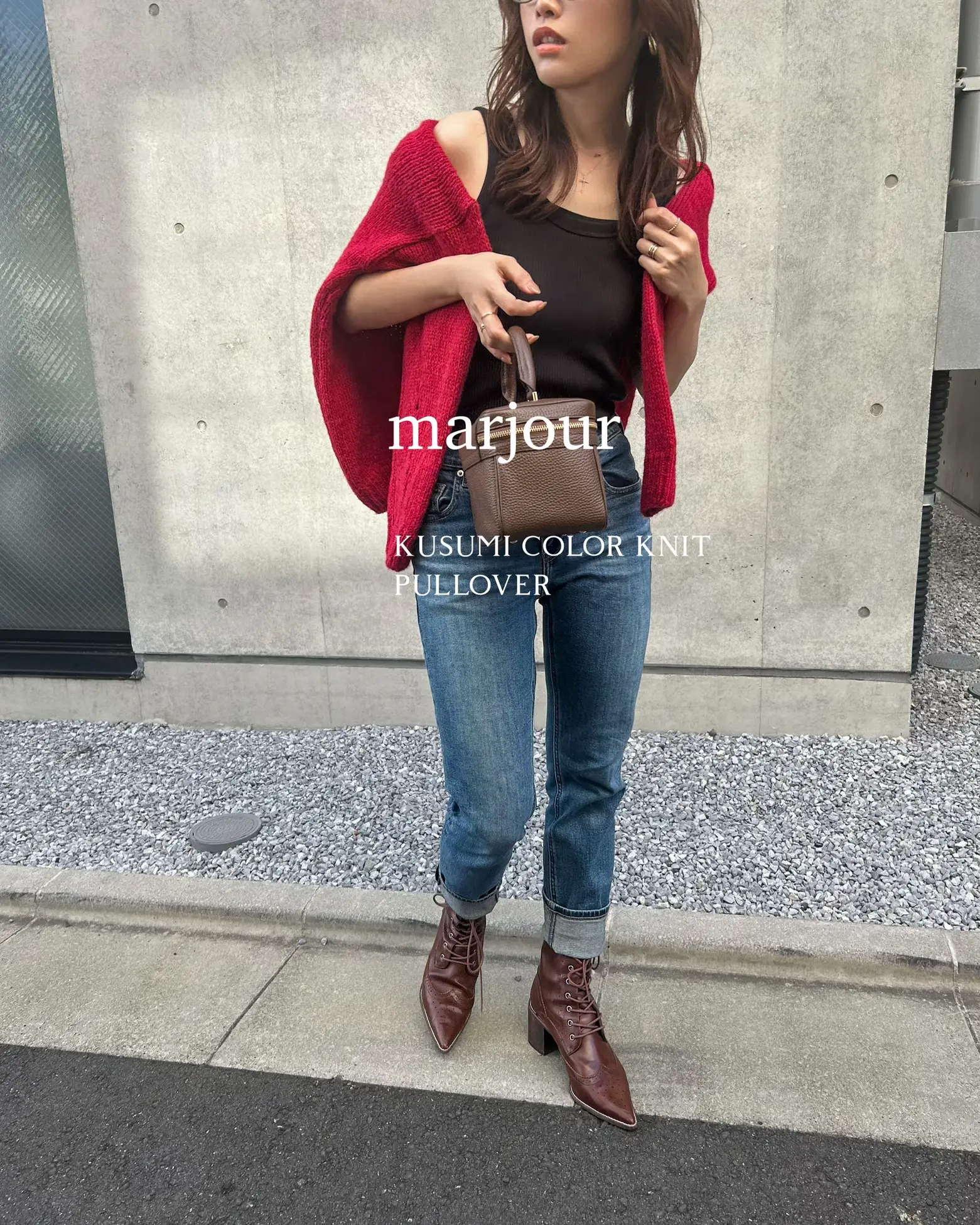 marjour 】赤ニットを差し色に  🍎秋のデニム👖コーデ🍂 | asamimiiii