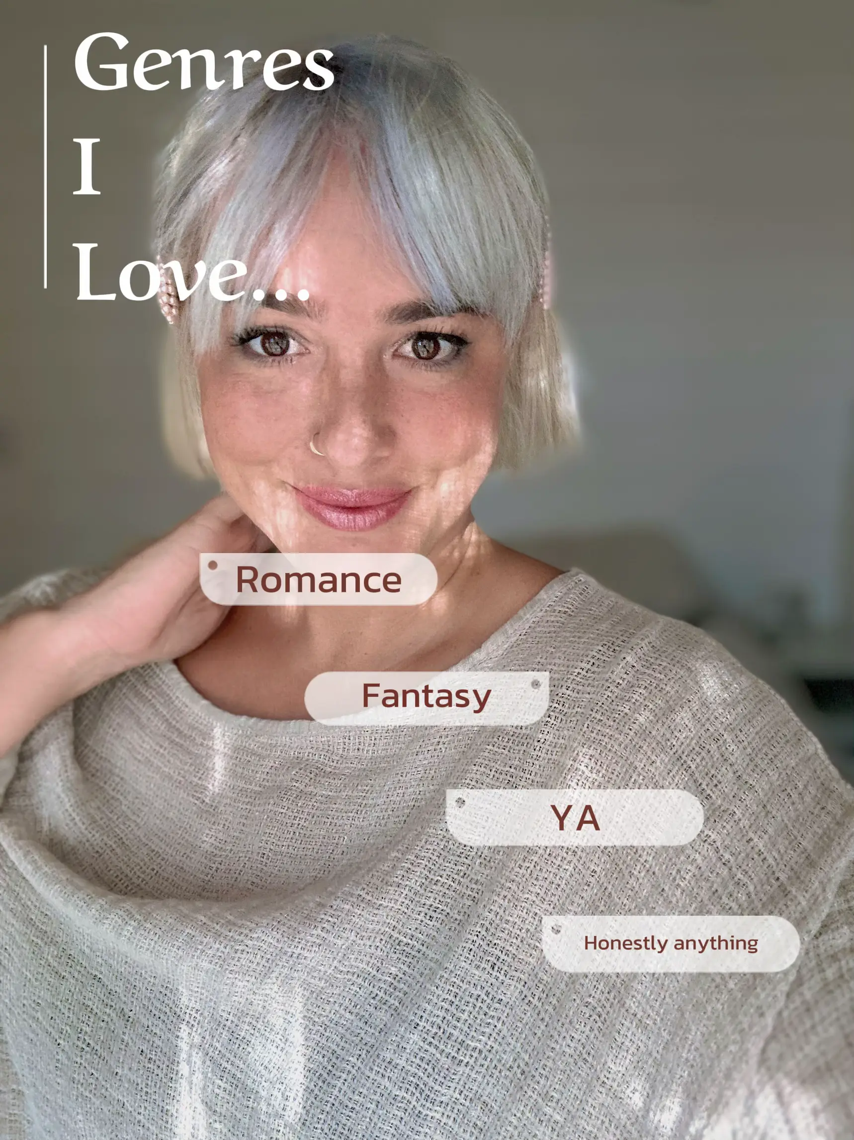  A woman is shown with a list of genres she loves.