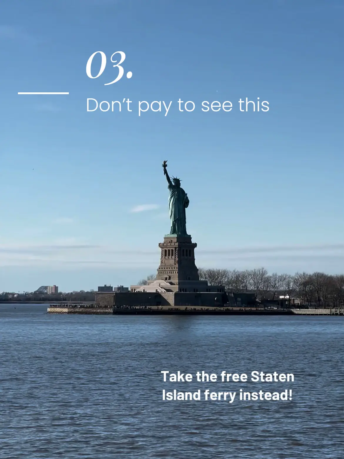  The image shows a view of the Statue of Liberty from the Staten Island ferry.