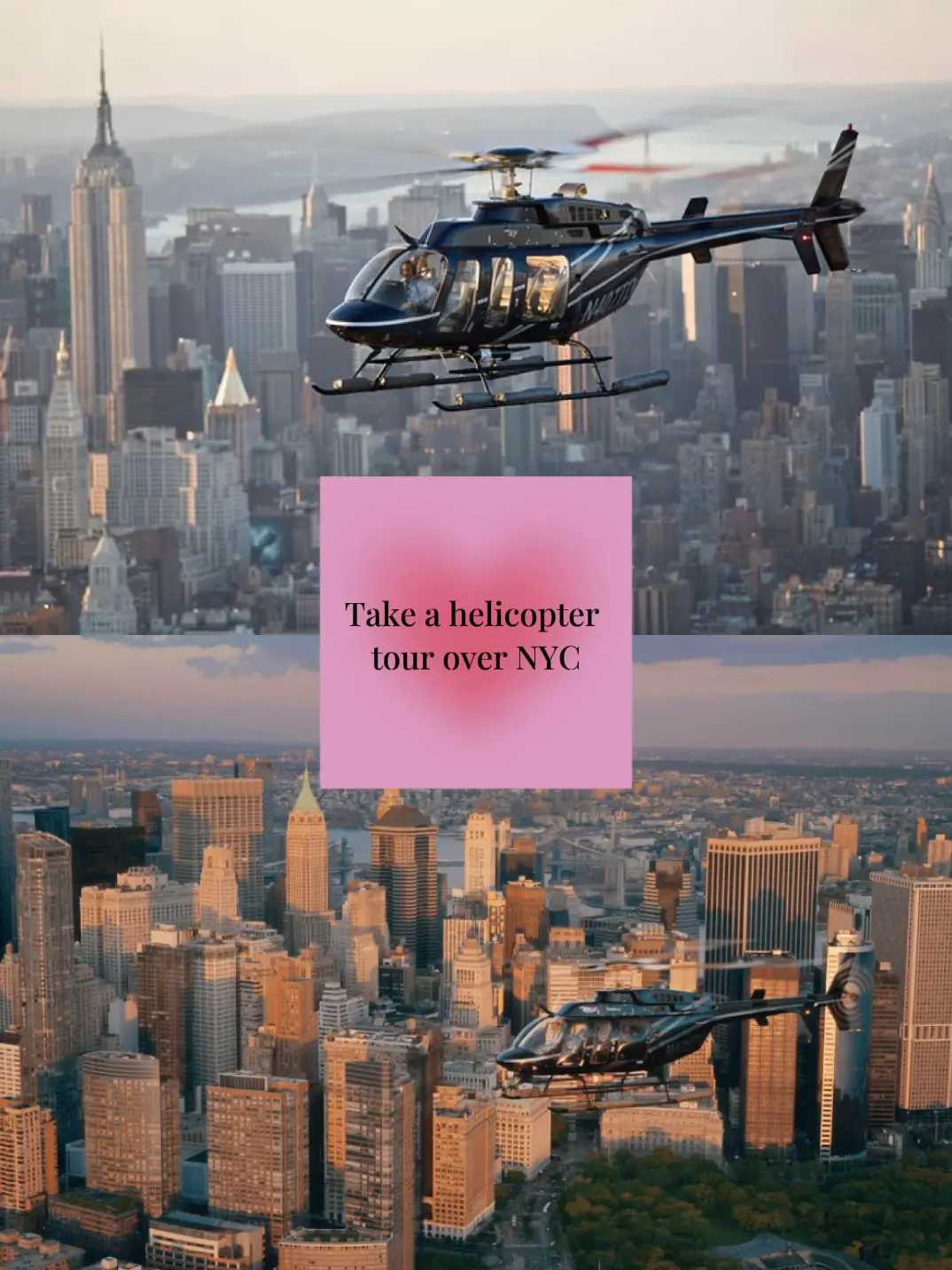  Two helicopter tours are flying over the city.