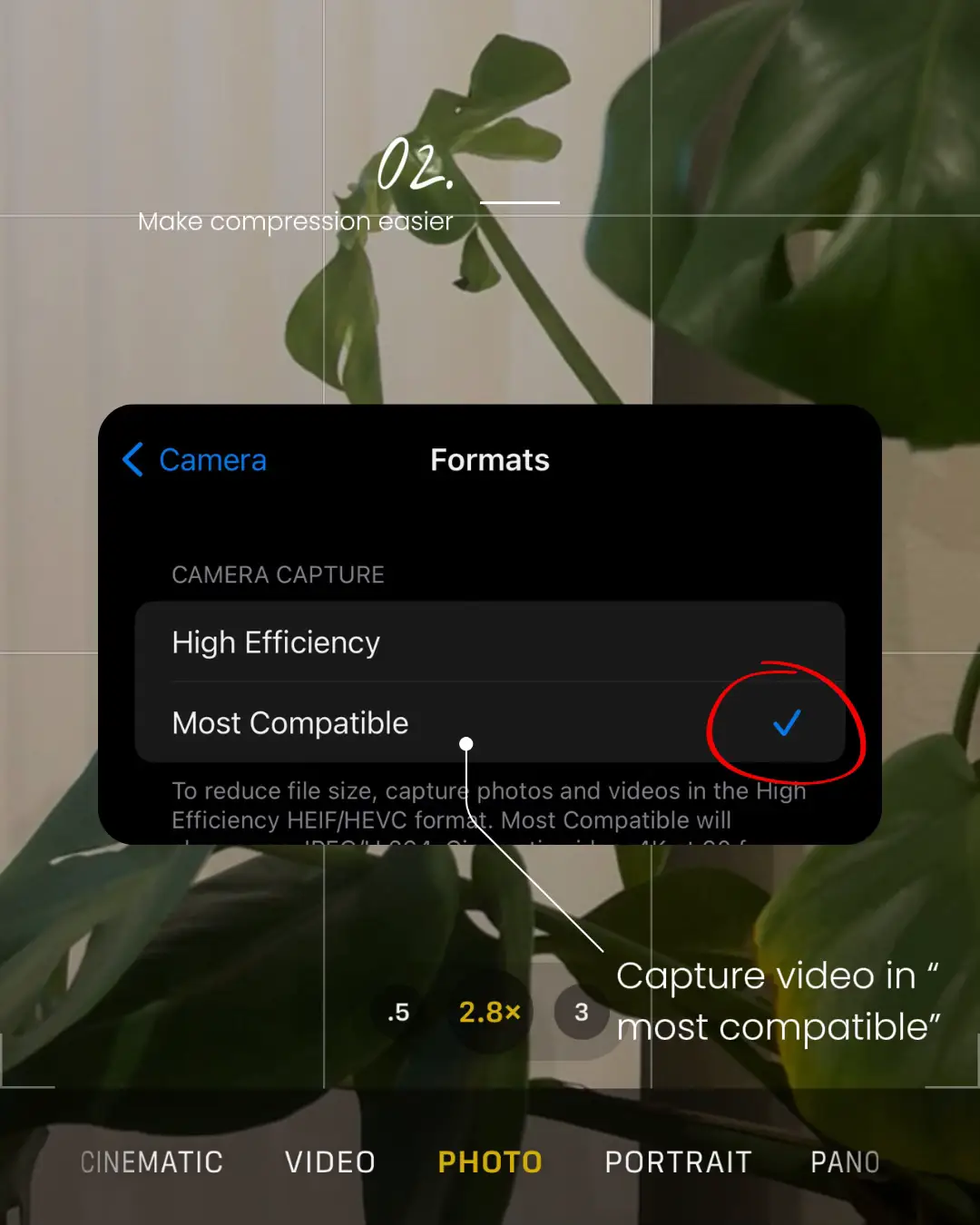  A screen showing camera formats for a photo and video.