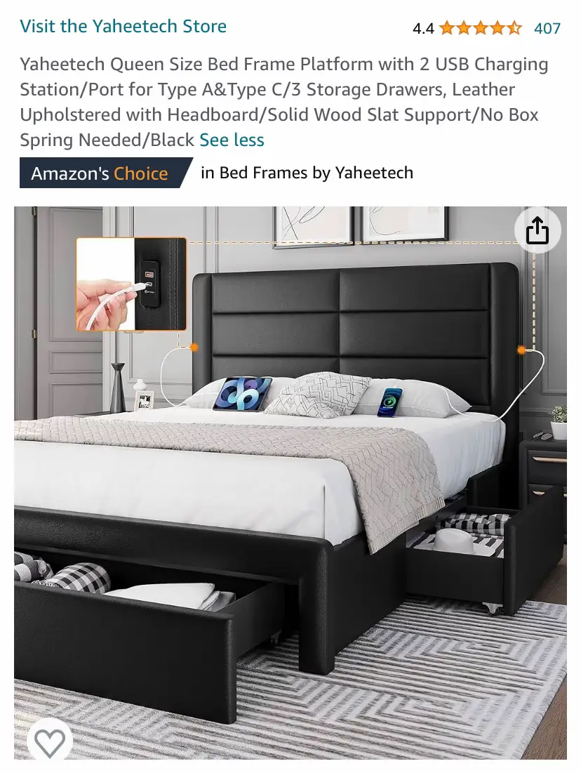 Queen Size Bed Frame Wooden Platform Bed with 51.2 LED Storage Bookcase  Headboard, 4 Storage Drawers & Charging Station/No Box Spring Needed/Noise