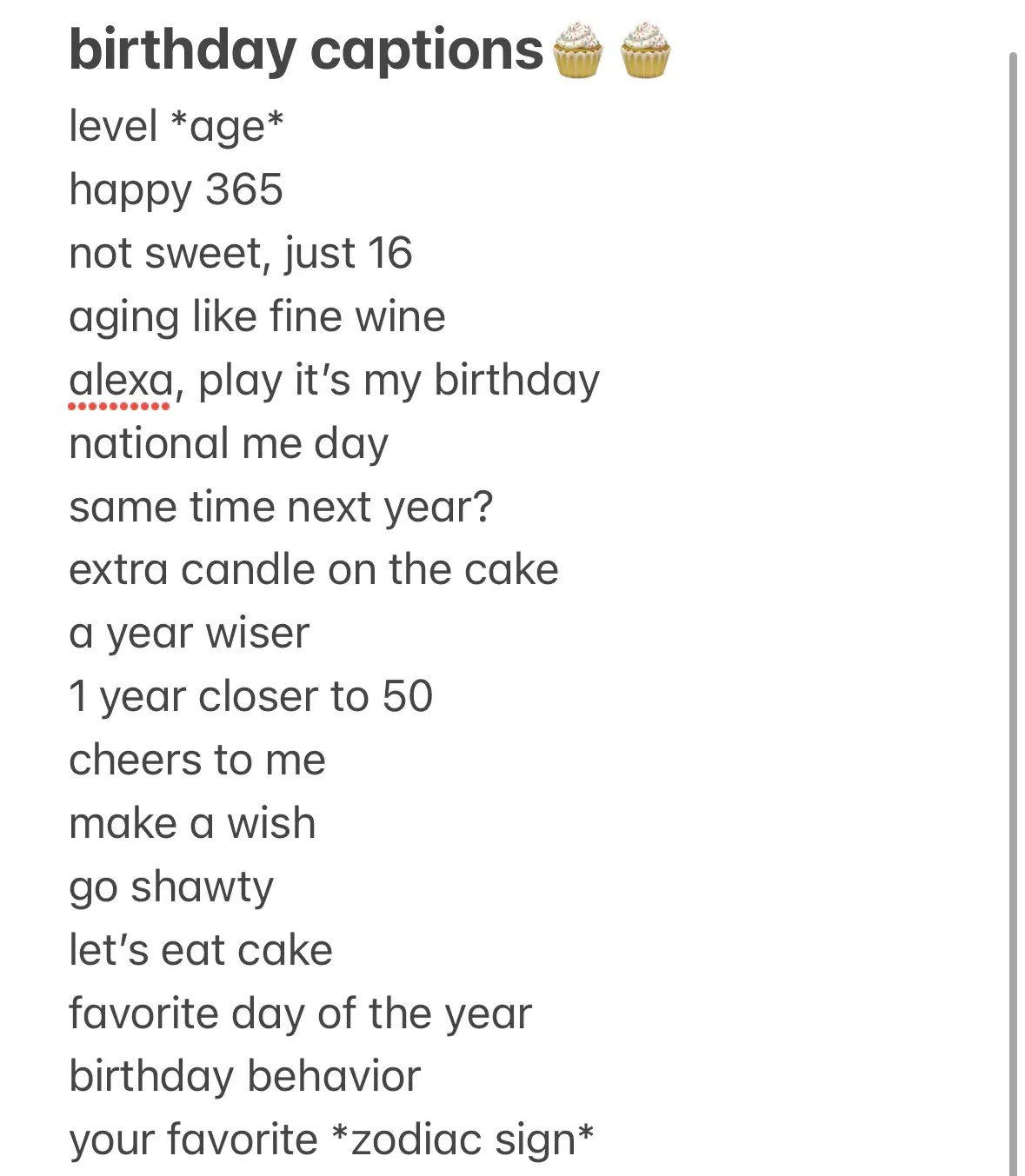  A list of wishes and celebrations for a birthday.