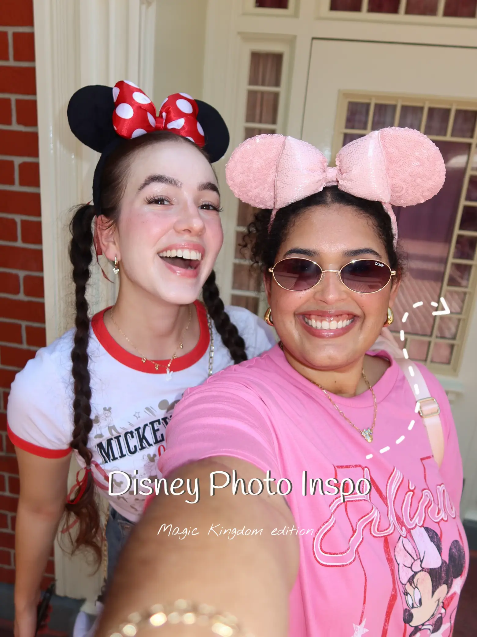  Two women are standing together, wearing Minnie Mouse ears on their heads and smiling.