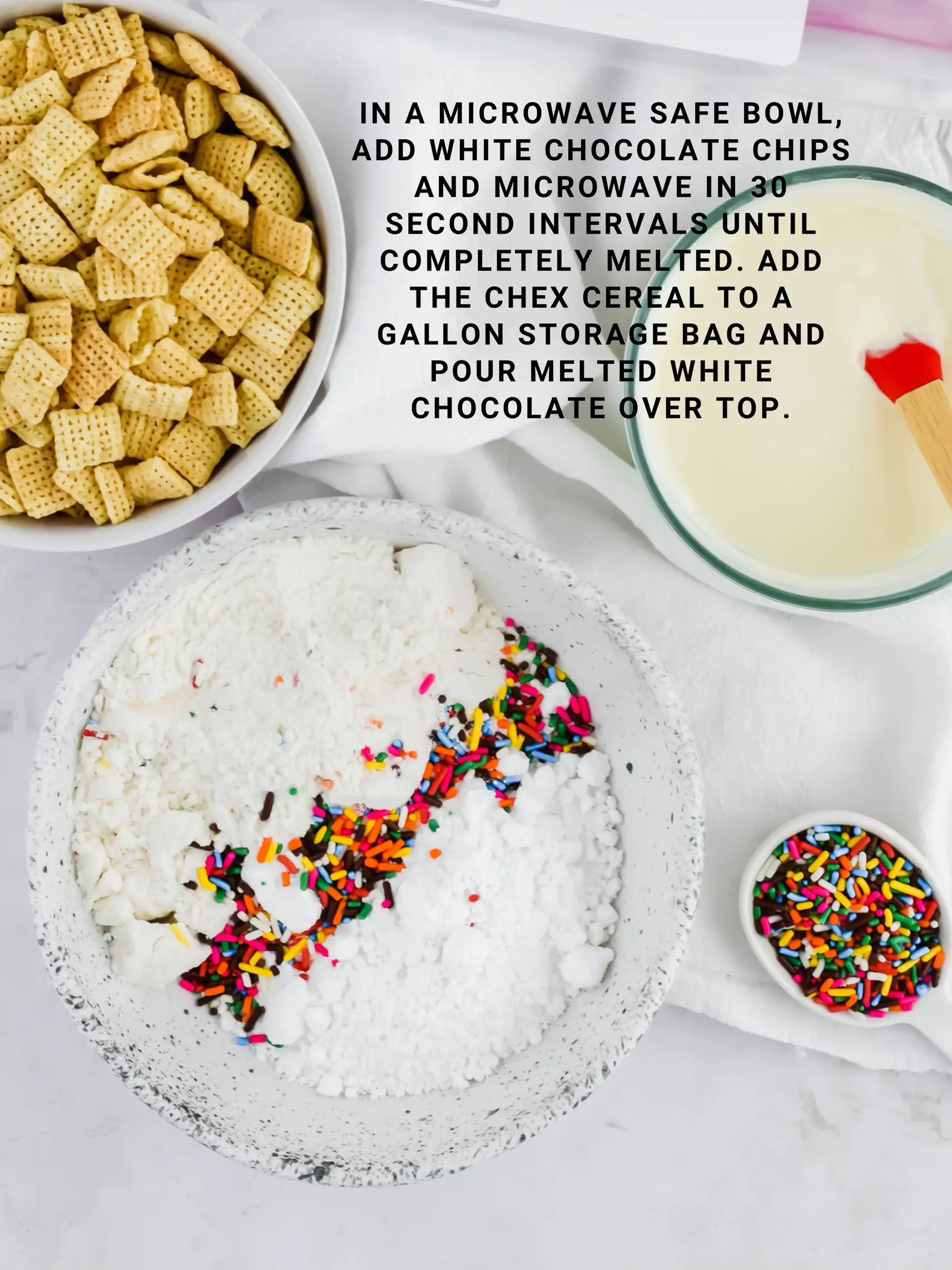  A bowl of cereal with white chocolate chips and a gallon storage bag of melted white chocolate.