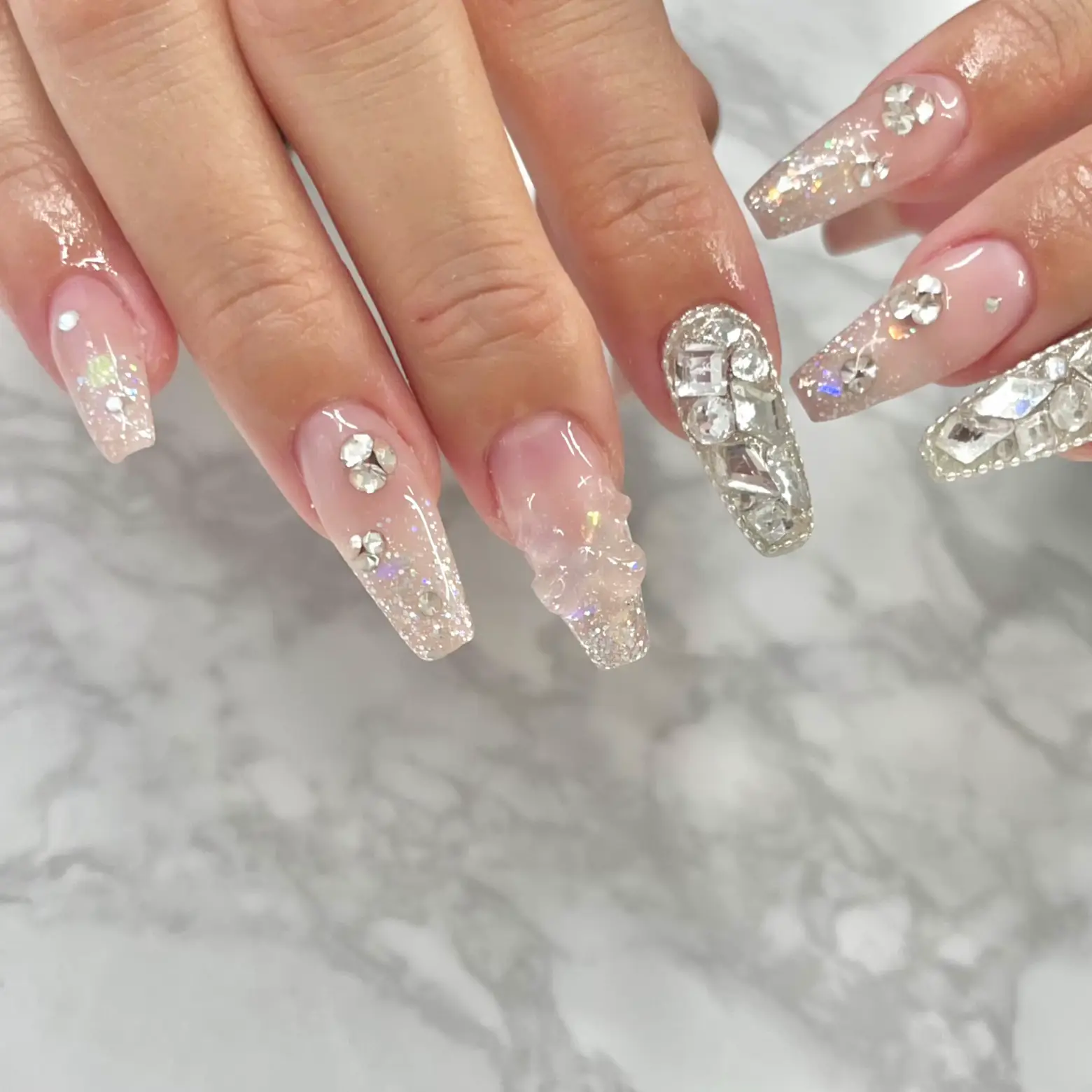 ♡オーダーネイル♡ビジュー×2連りぼん×埋め尽くし×ホロネイル