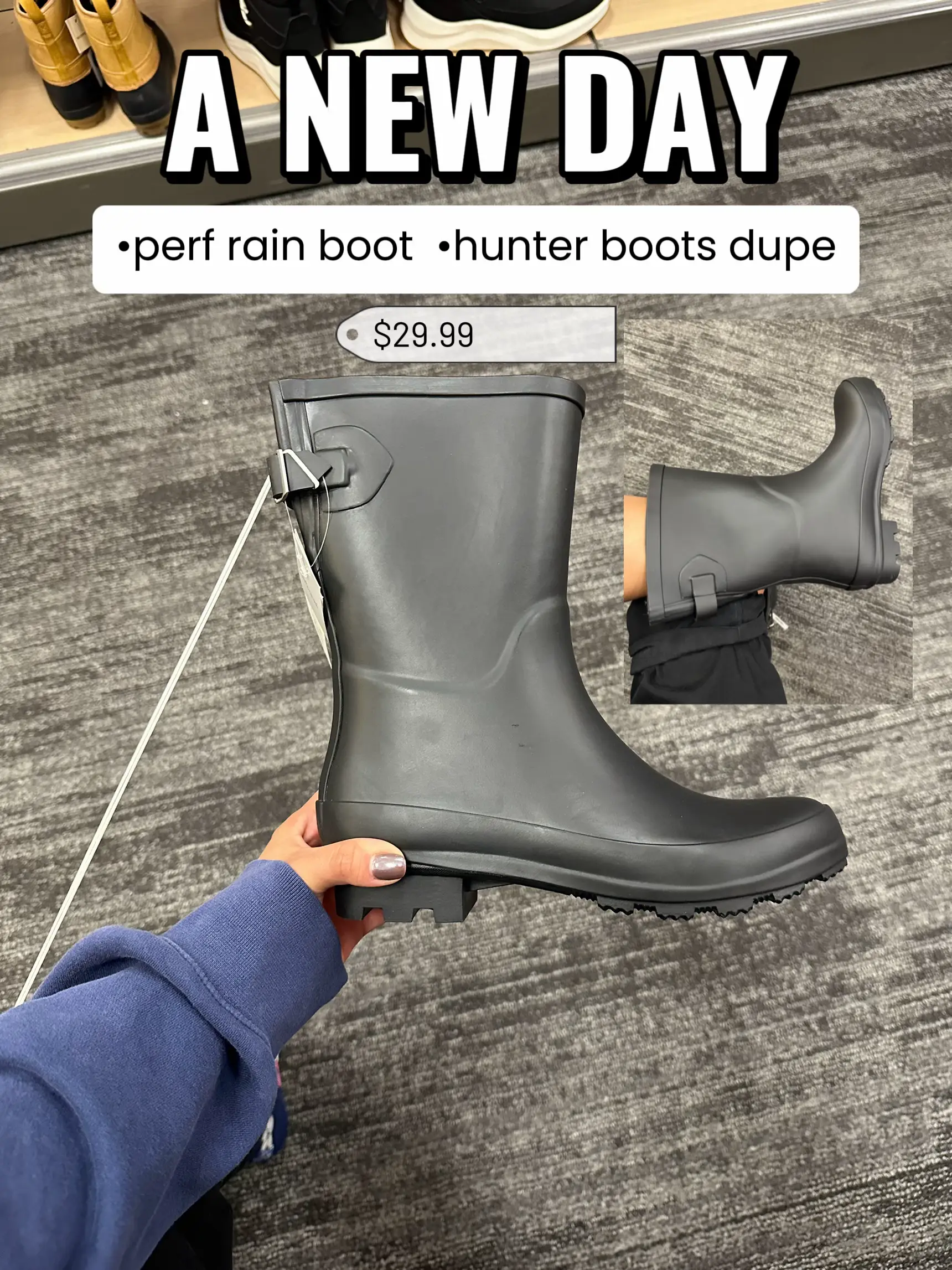  A person is holding a black boot with a price of $29.99.