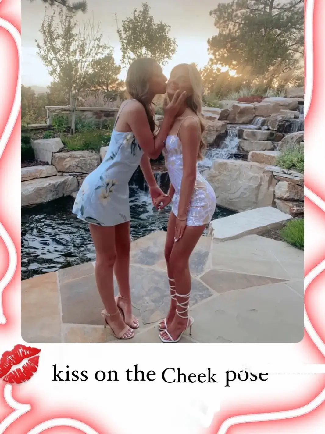  Two women are posing for a picture, and they are both wearing dresses. They are standing near a pool, and there is a pink background with a flower design. The words " kiss on the cheek