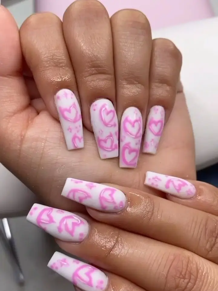Cute Pink Acrylic Nails Heart Design Stock Photo 2083252960