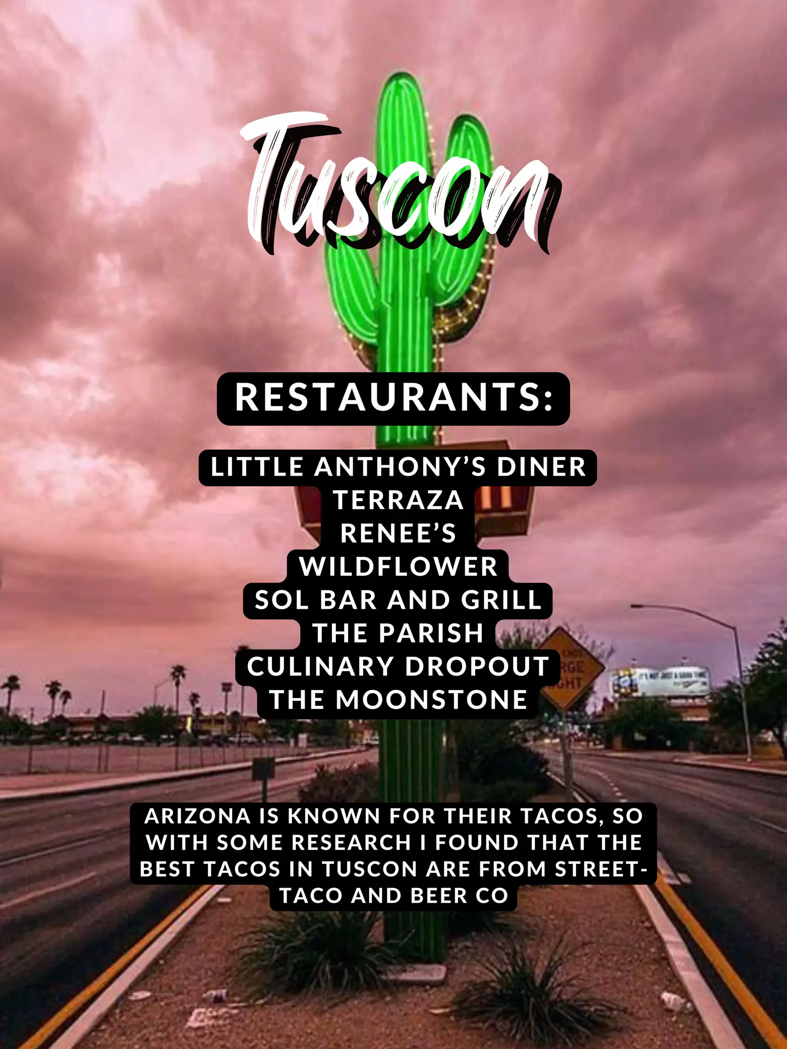  A list of restaurants in Tuscon, Arizona.