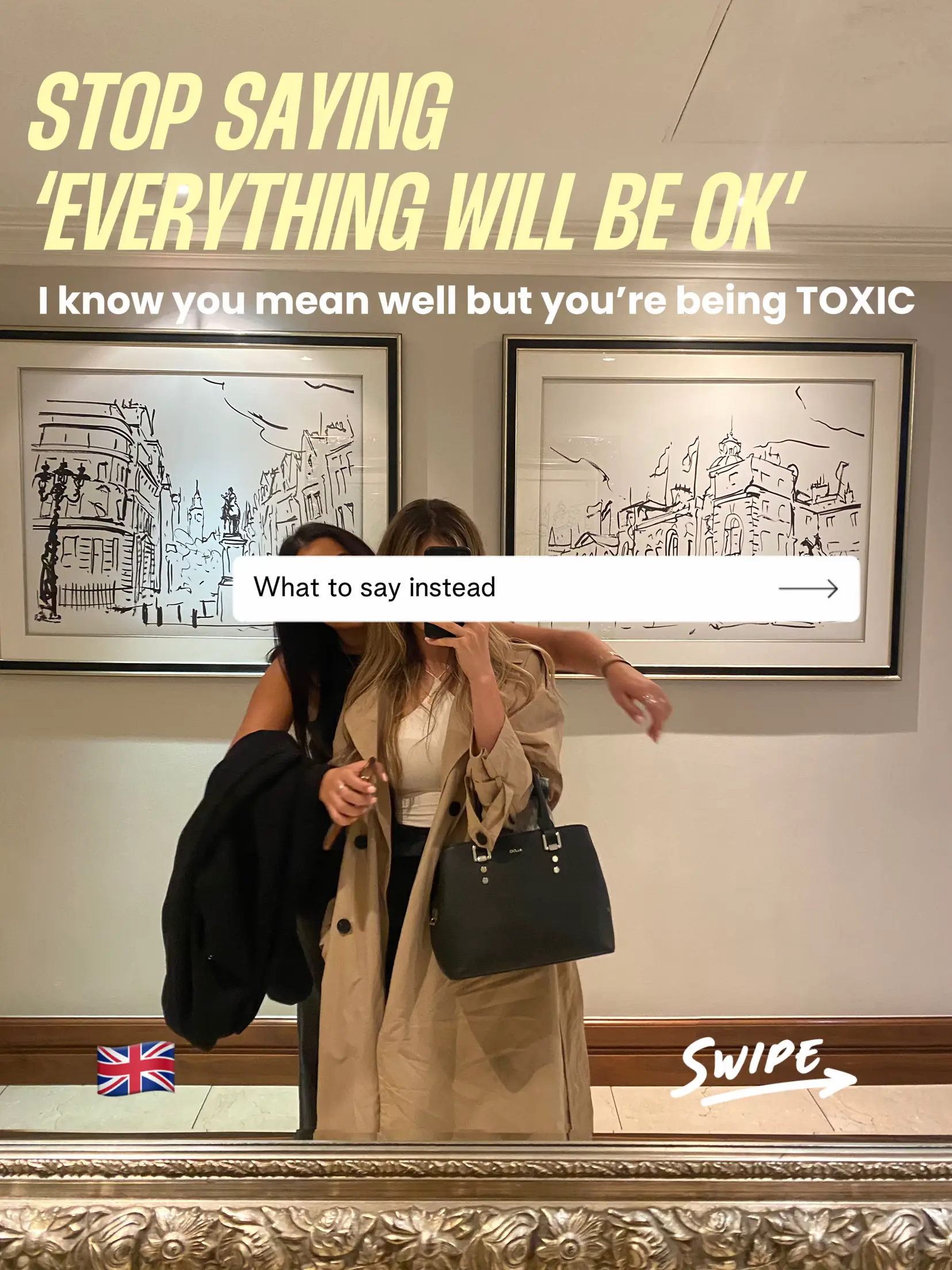  Two women are standing in a hallway, one of them holding a purse. The image is captioned with the words "I know you mean well but you're being TO