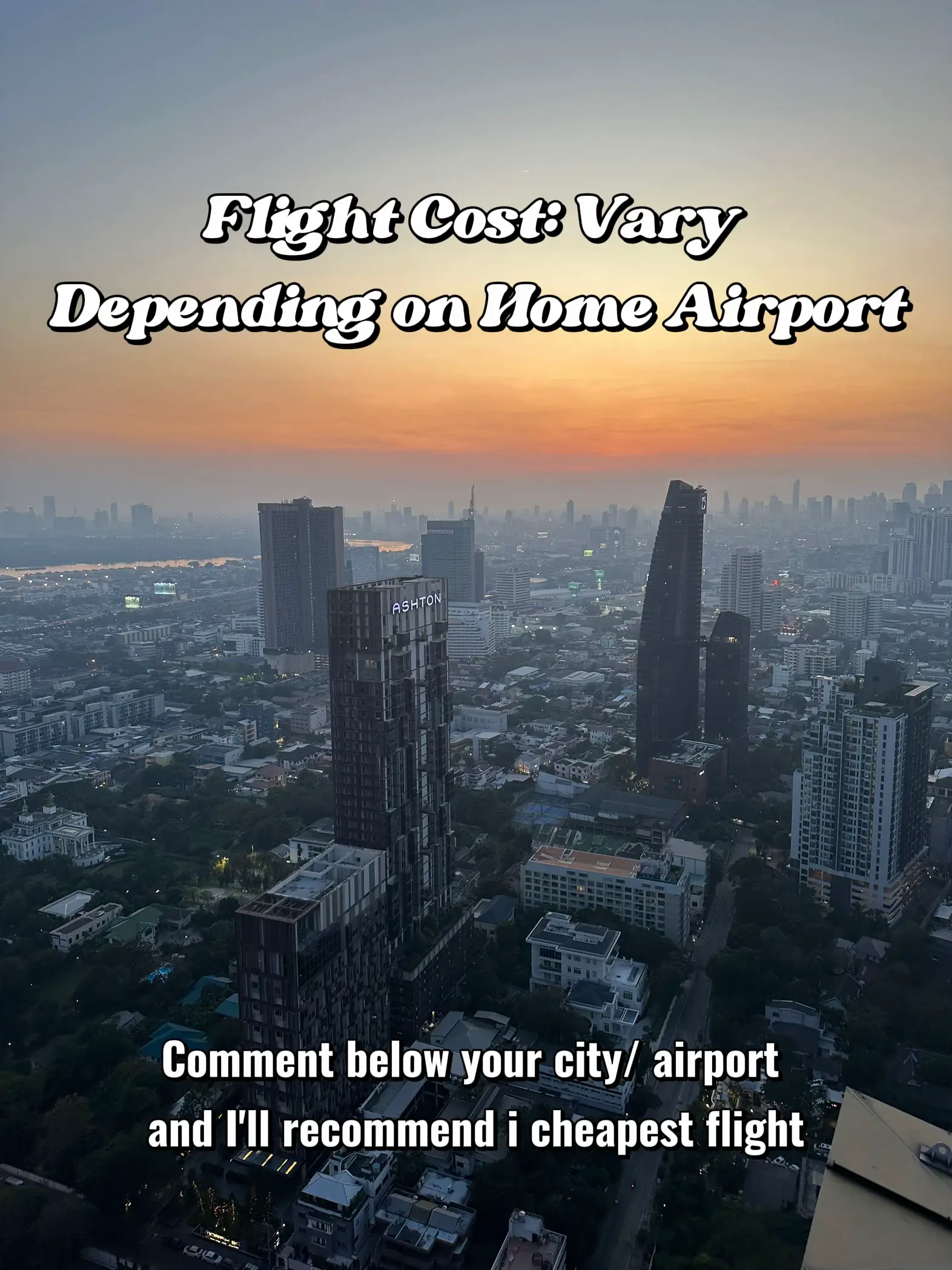 A city skyline with a flight cost varying depending on home airport.
