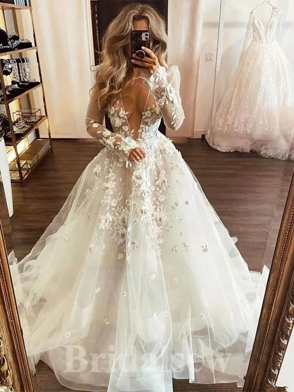Modest Sequined Lace Overlay Long Sleeve Winter Bridal Dress - VQ